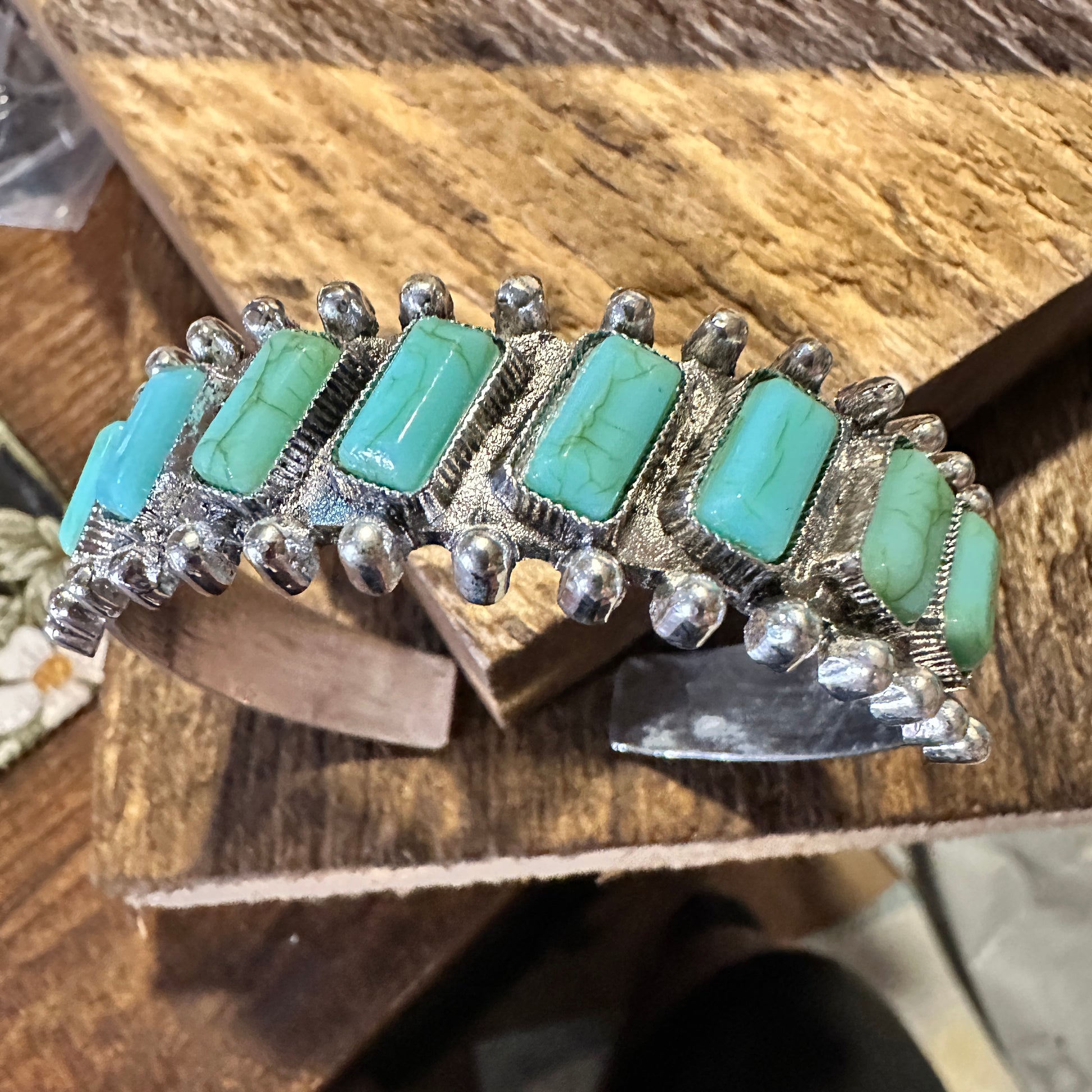 Boho Chic Vintage Southwestern Hippie Open Cuff Bangle, Turquoise Stone, Gift Box - Silver Elegant