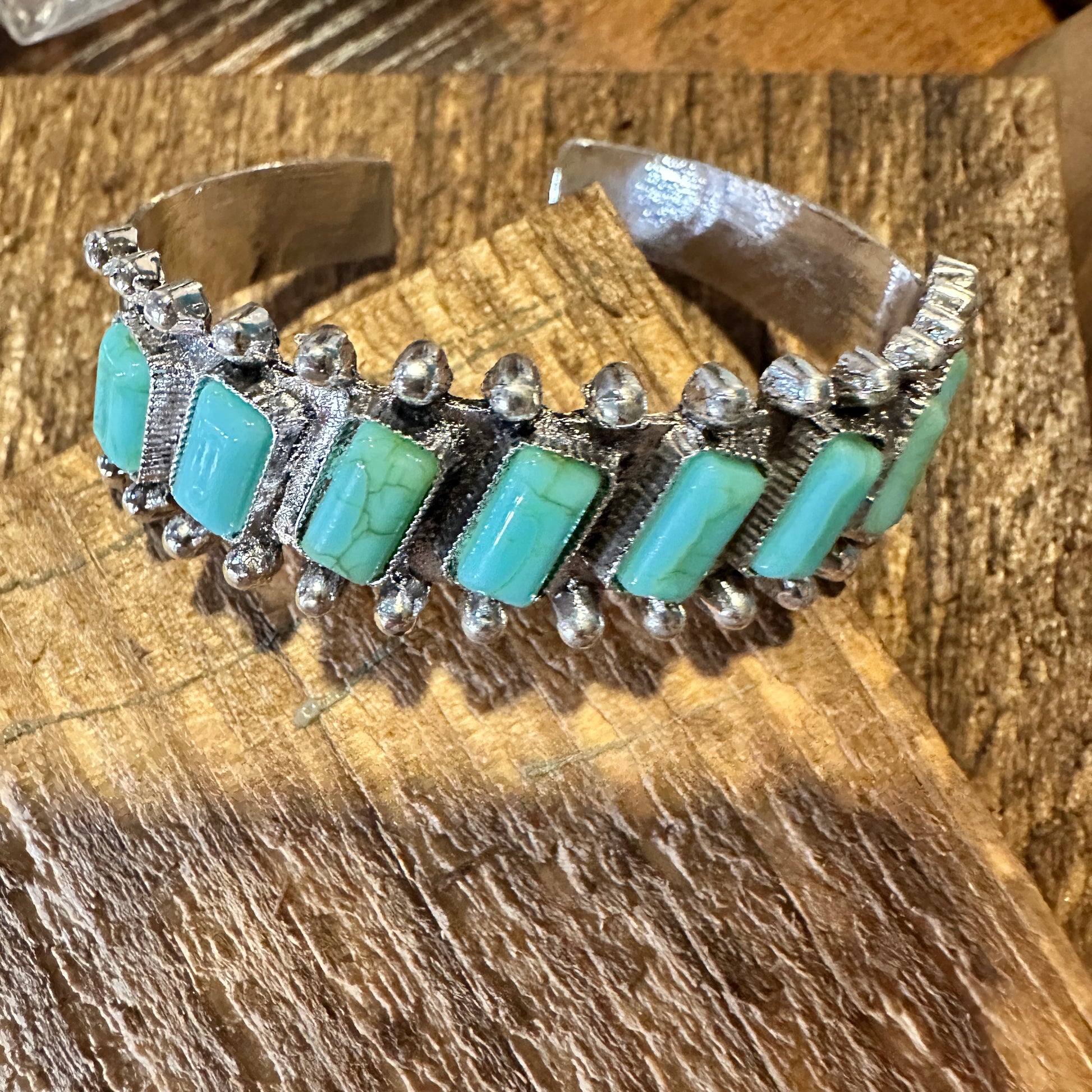 Boho Chic Vintage Southwestern Hippie Open Cuff Bangle, Turquoise Stone, Gift Box - Silver Elegant