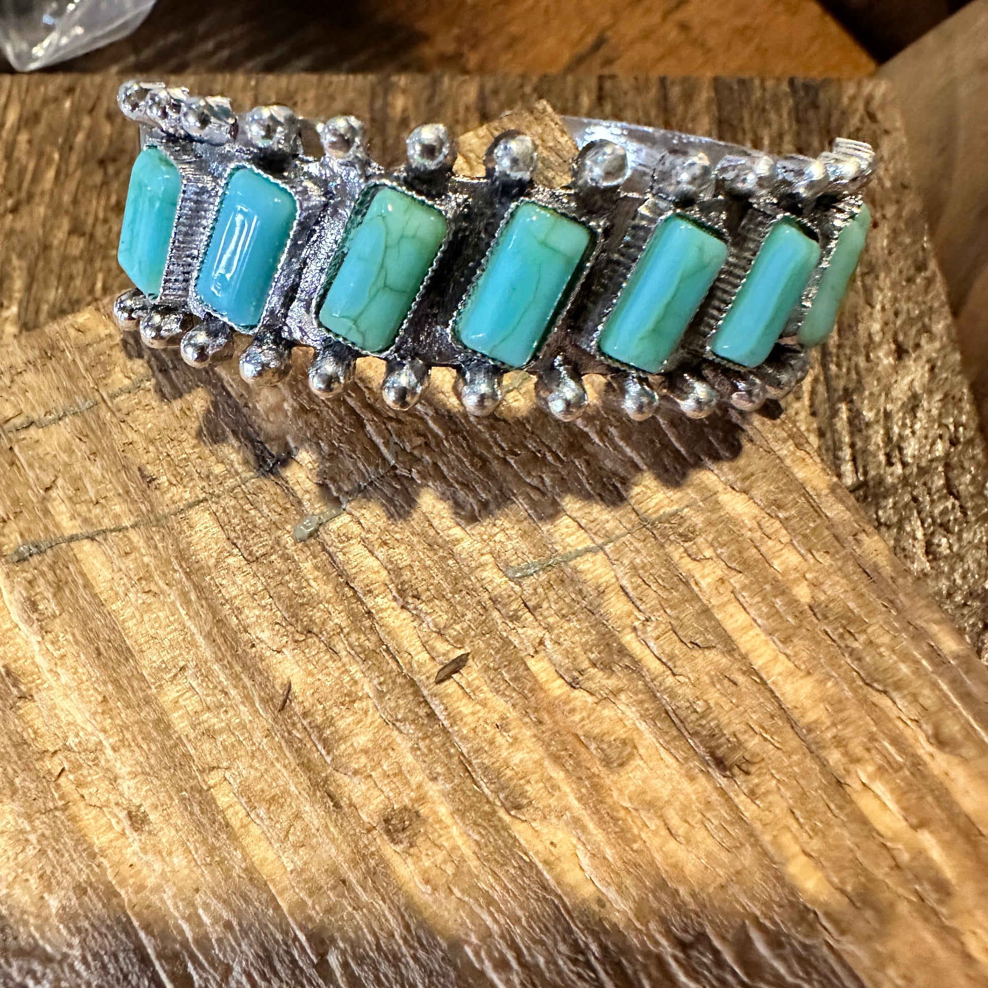 Boho Chic Vintage Southwestern Hippie Open Cuff Bangle, Turquoise Stone, Gift Box - Silver Elegant