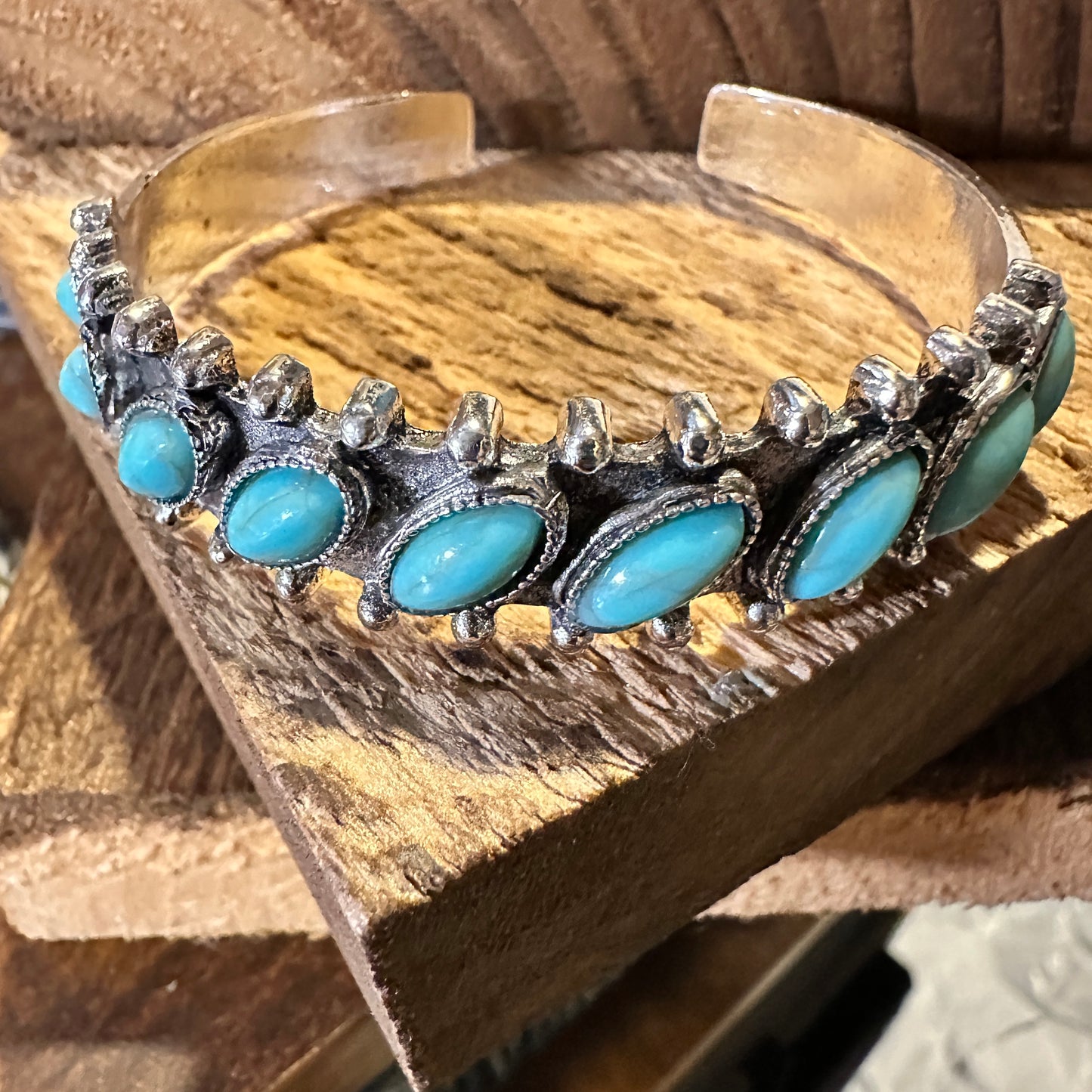 Boho Chic Vintage Southwestern Turquoise Open Cuff Bangle, Turquoise Stone, Gift Box - Silver Elegant