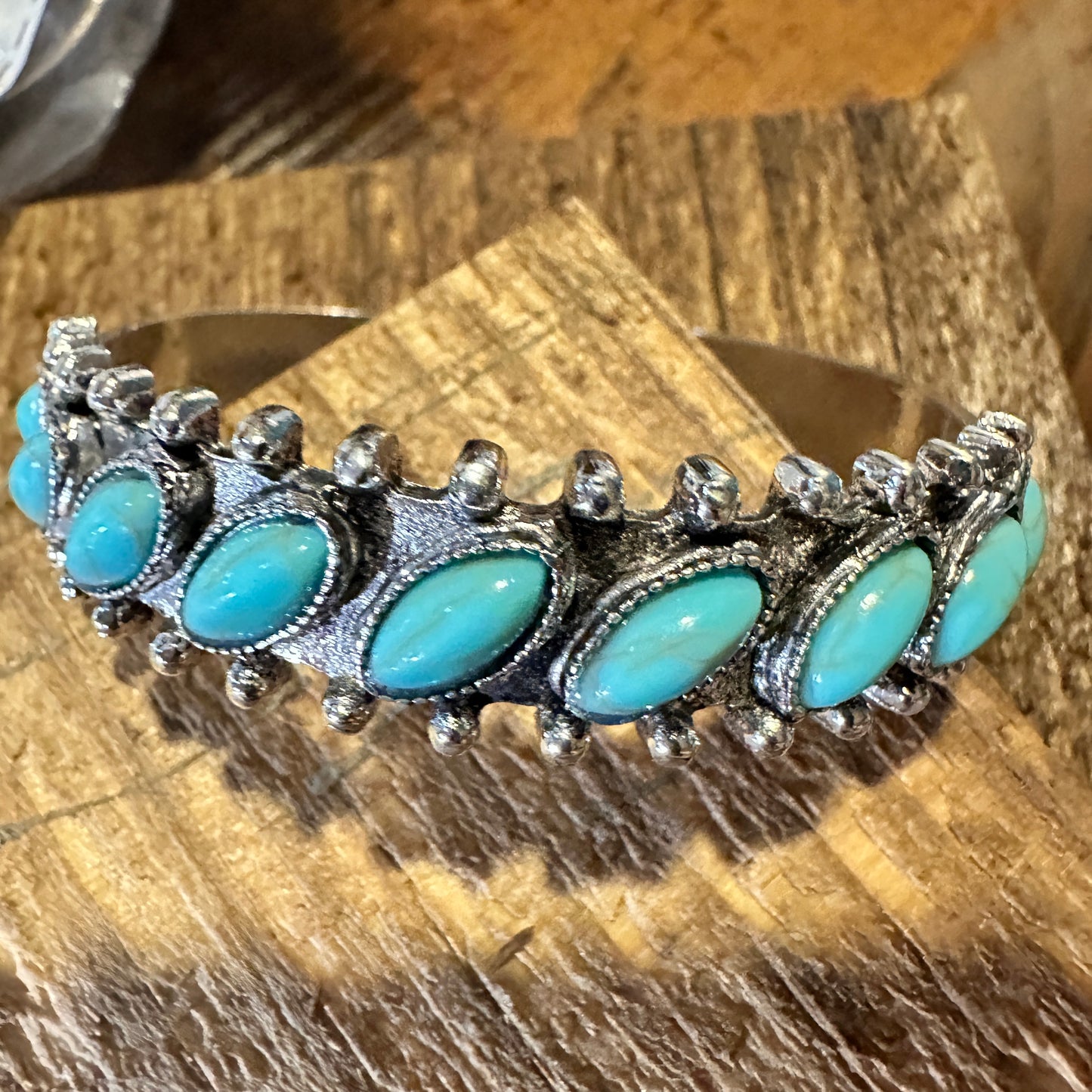 Boho Chic Vintage Southwestern Turquoise Open Cuff Bangle, Turquoise Stone, Gift Box - Silver Elegant