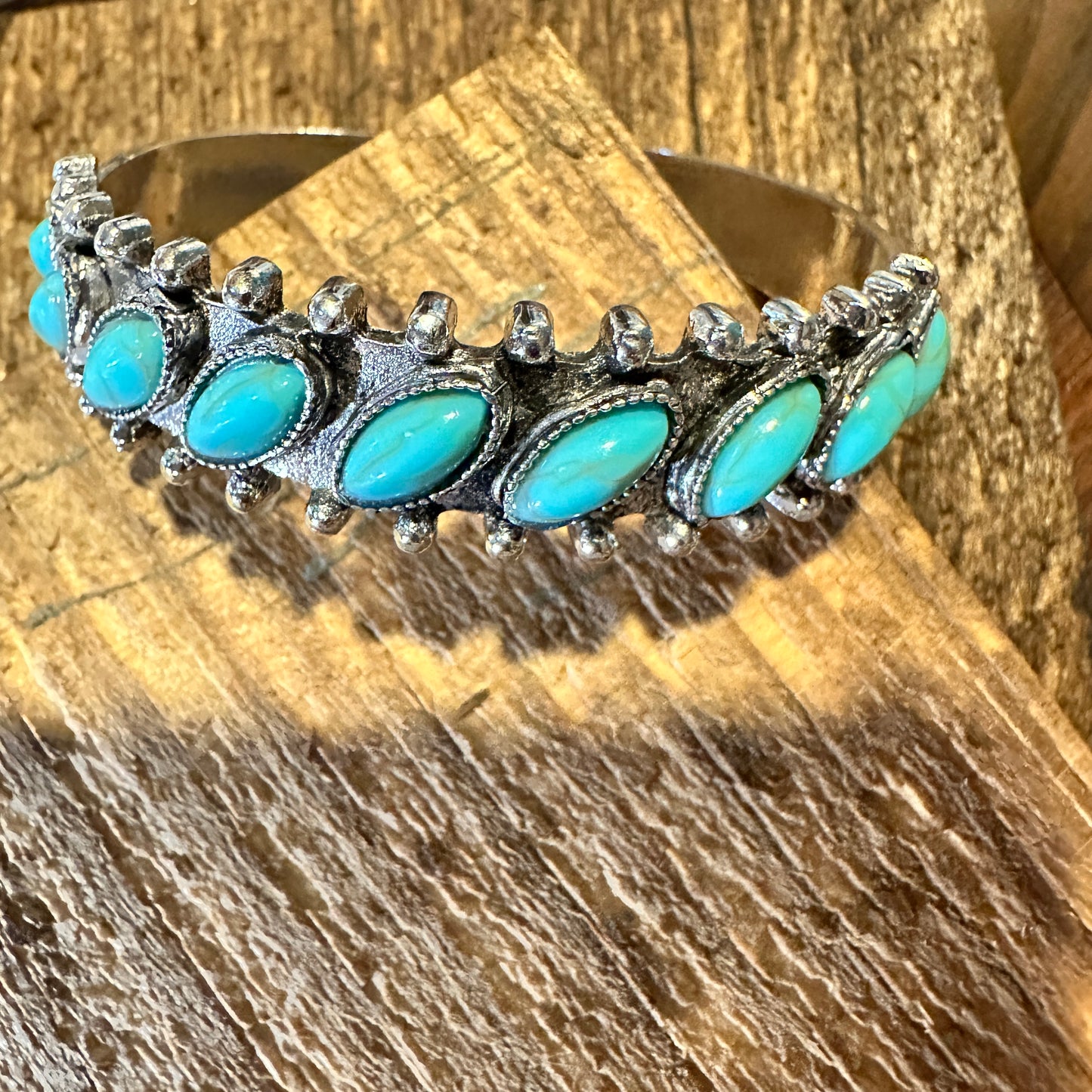 Boho Chic Vintage Southwestern Turquoise Open Cuff Bangle, Turquoise Stone, Gift Box - Silver Elegant