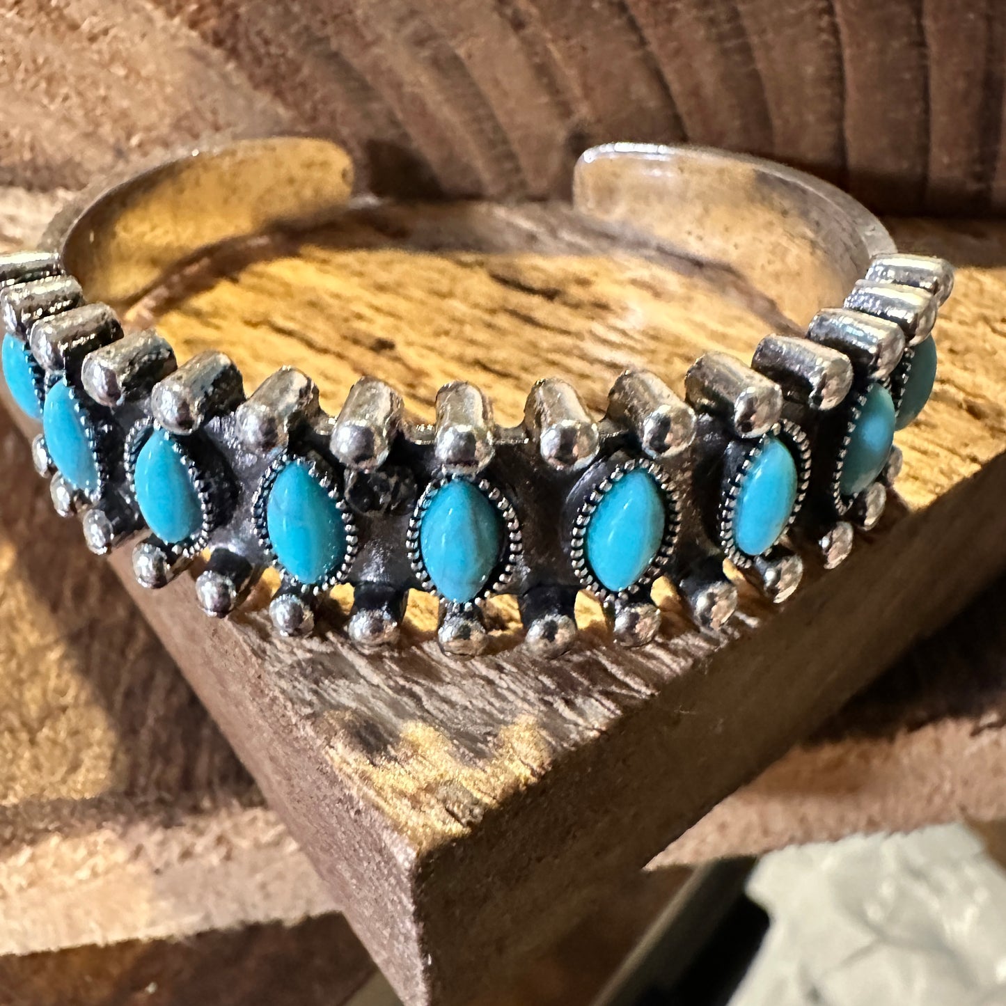 Boho Vintage Chic Southwestern Open Cuff Bangle, Turquoise Stone, Gift Box - Silver Elegant