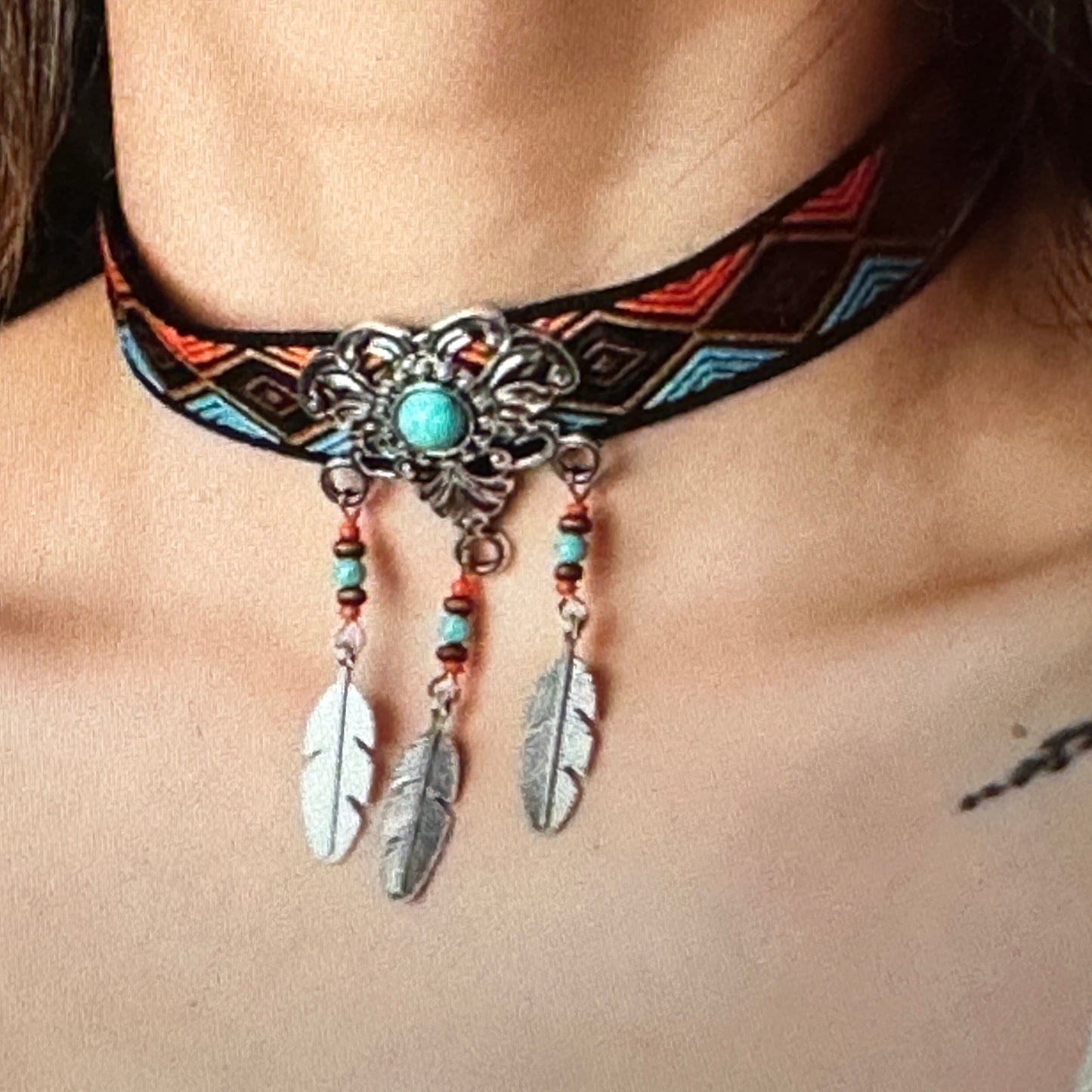 Vibrant Bohemian Turquoise & Feather Choker Necklace with Colorful Fabric, Gift-Ready Box - Silver Elegant