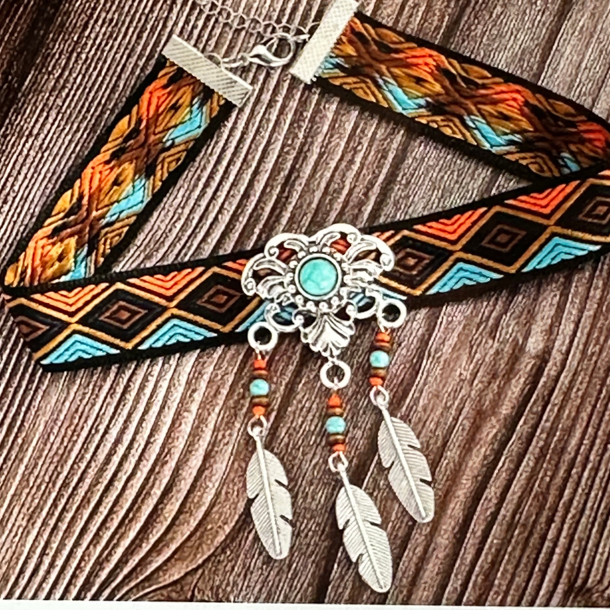 Vibrant Bohemian Turquoise & Feather Choker Necklace with Colorful Fabric, Gift-Ready Box - Silver Elegant