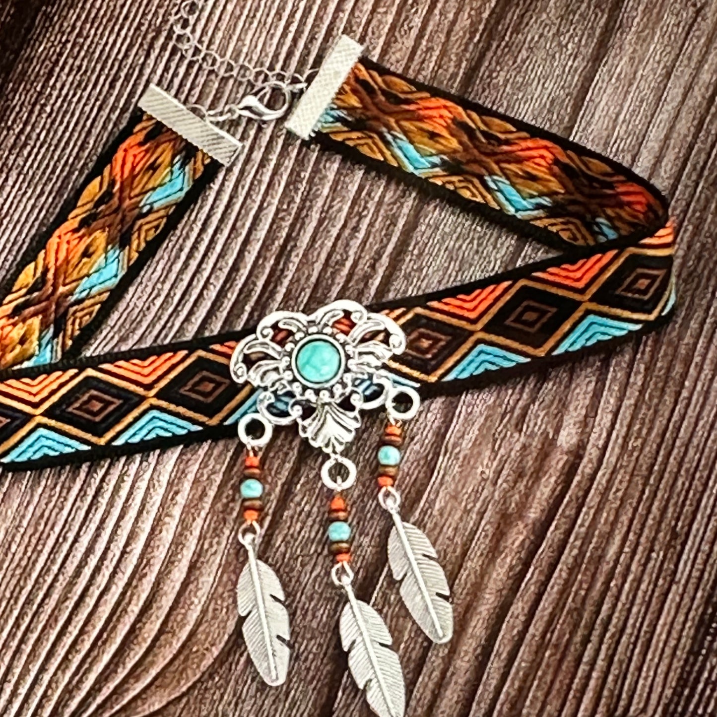 Vibrant Bohemian Turquoise & Feather Choker Necklace with Colorful Fabric, Gift-Ready Box - Silver Elegant