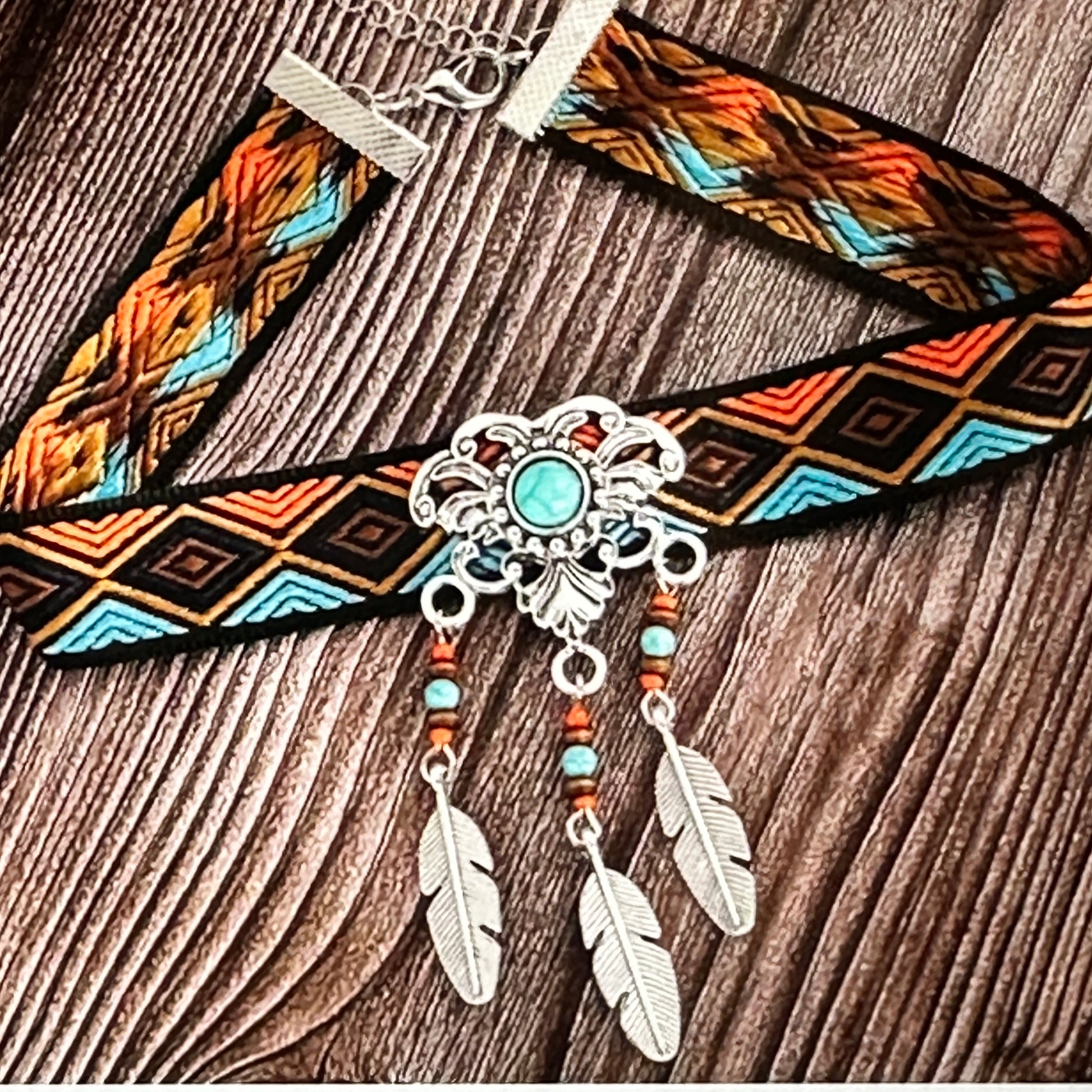 Vibrant Bohemian Turquoise & Feather Choker Necklace with Colorful Fabric, Gift-Ready Box - Silver Elegant