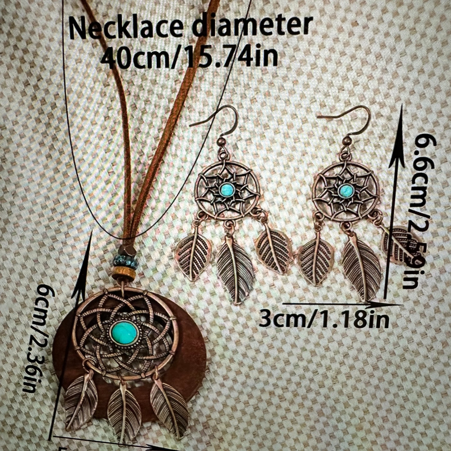 Turquoise Dreamcatcher Leather Jewelry Set - Boho Chic Necklace and Earring Gift Box - Silver Elegant