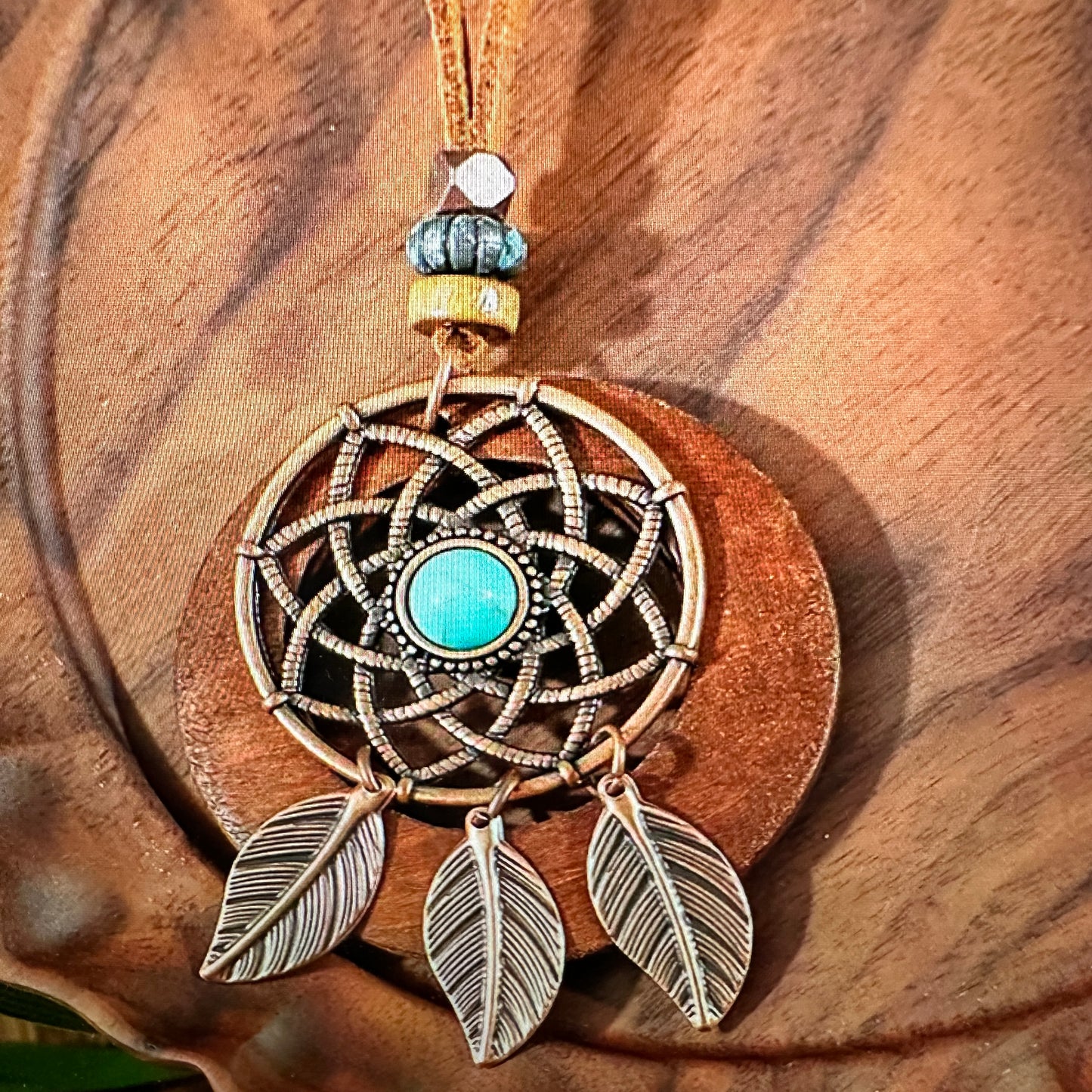 Turquoise Dreamcatcher Leather Jewelry Set - Boho Chic Necklace and Earring Gift Box - Silver Elegant