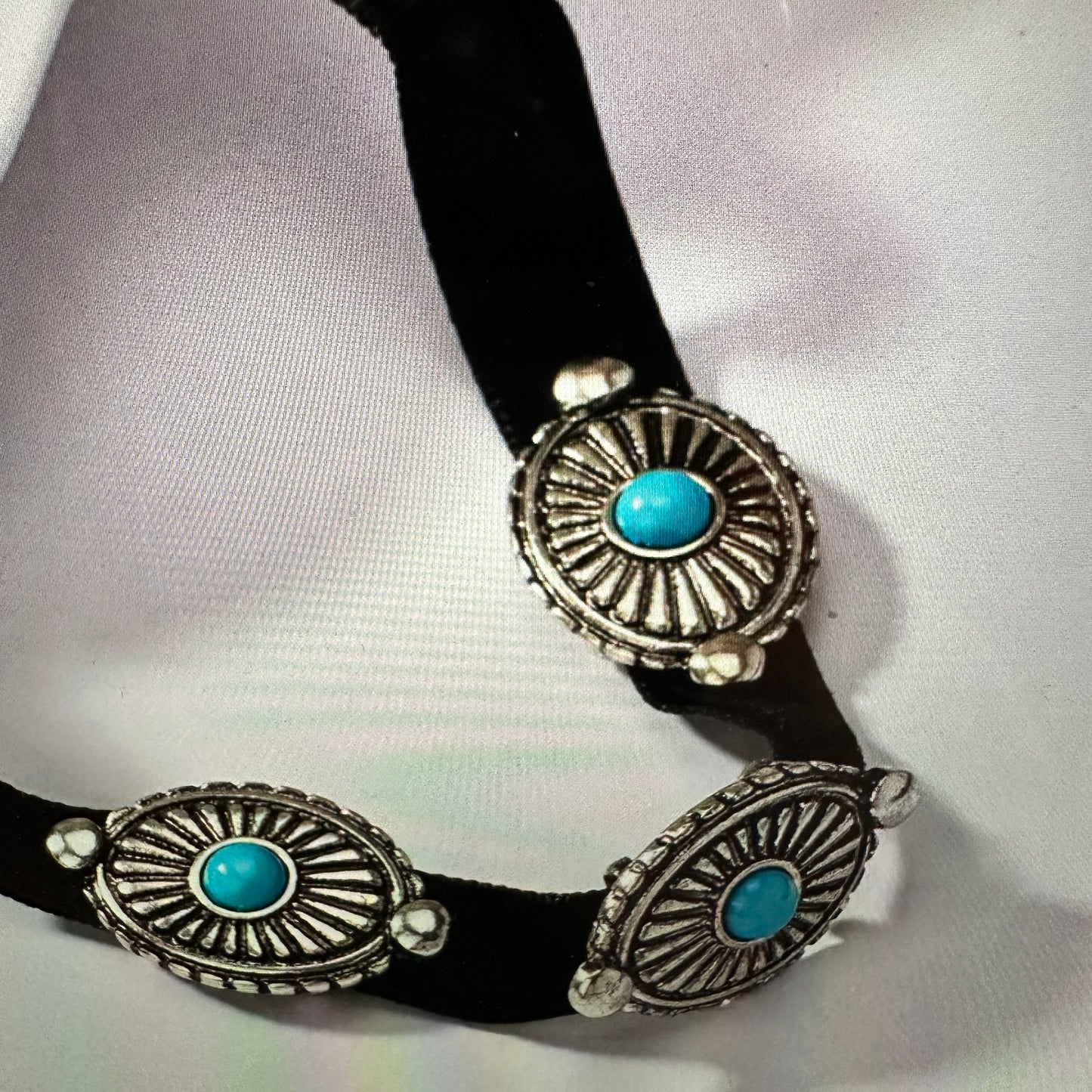 Turquoise Concho Choker Necklace with Black Velvet - Boho Western Style in Gift Box - Silver Elegant