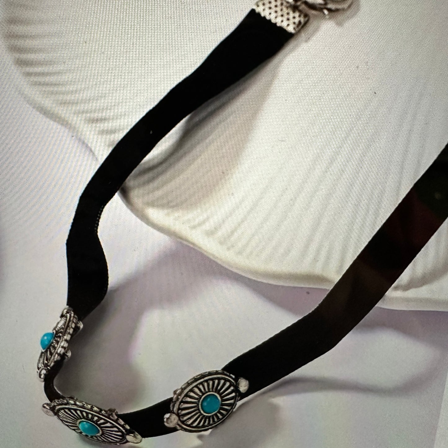 Turquoise Concho Choker Necklace with Black Velvet - Boho Western Style in Gift Box - Silver Elegant