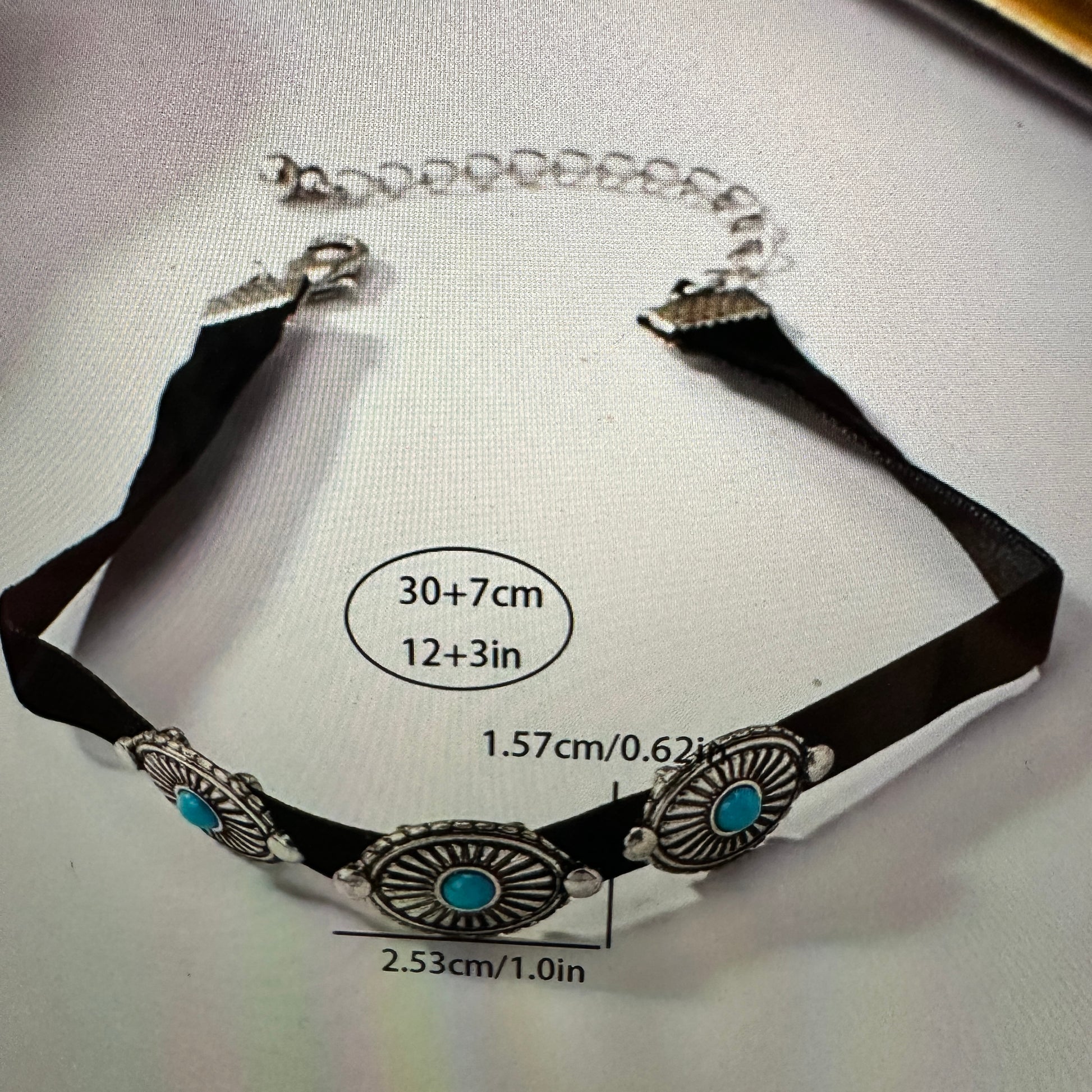 Turquoise Concho Choker Necklace with Black Velvet - Boho Western Style in Gift Box - Silver Elegant