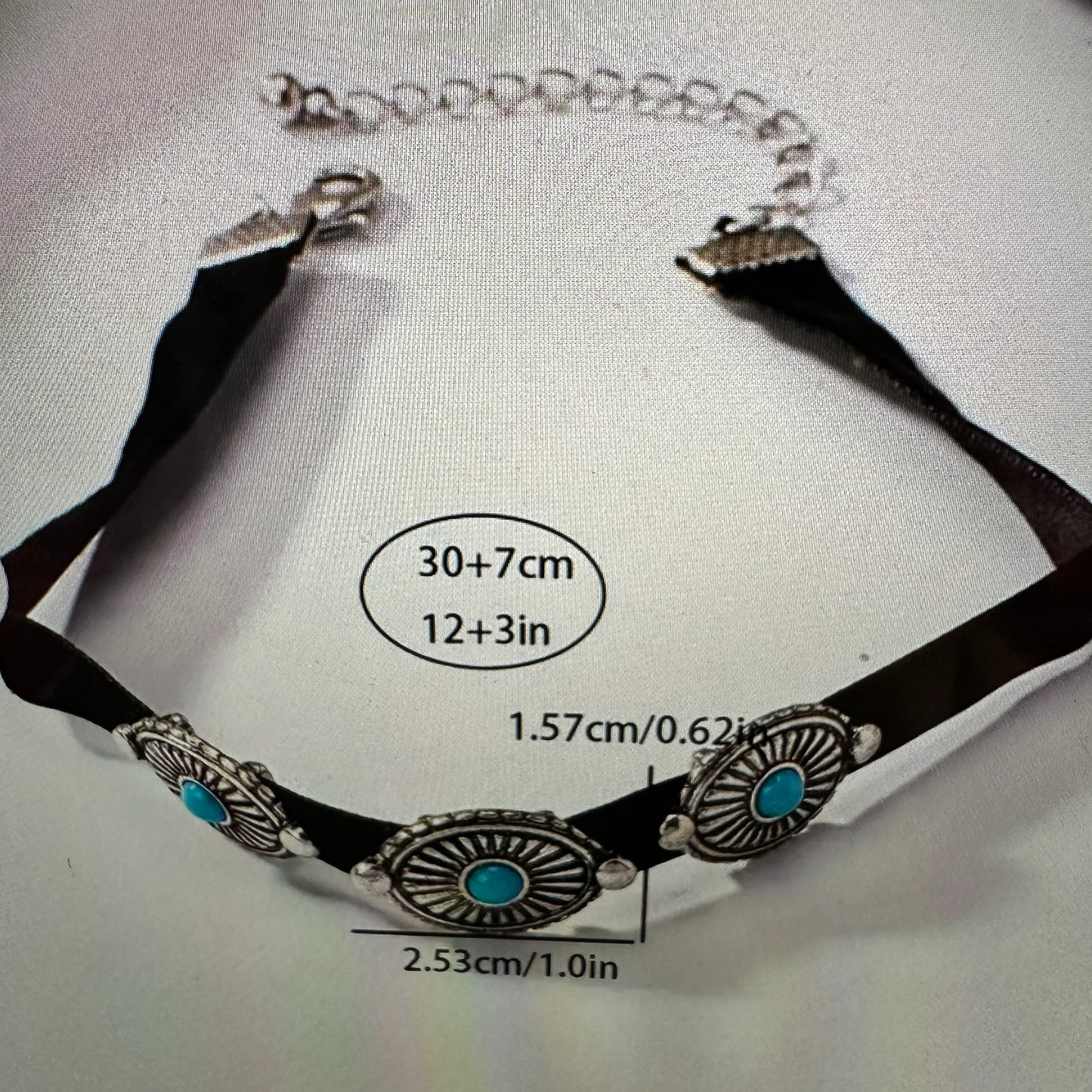 Turquoise Concho Choker Necklace with Black Velvet - Boho Western Style in Gift Box - Silver Elegant