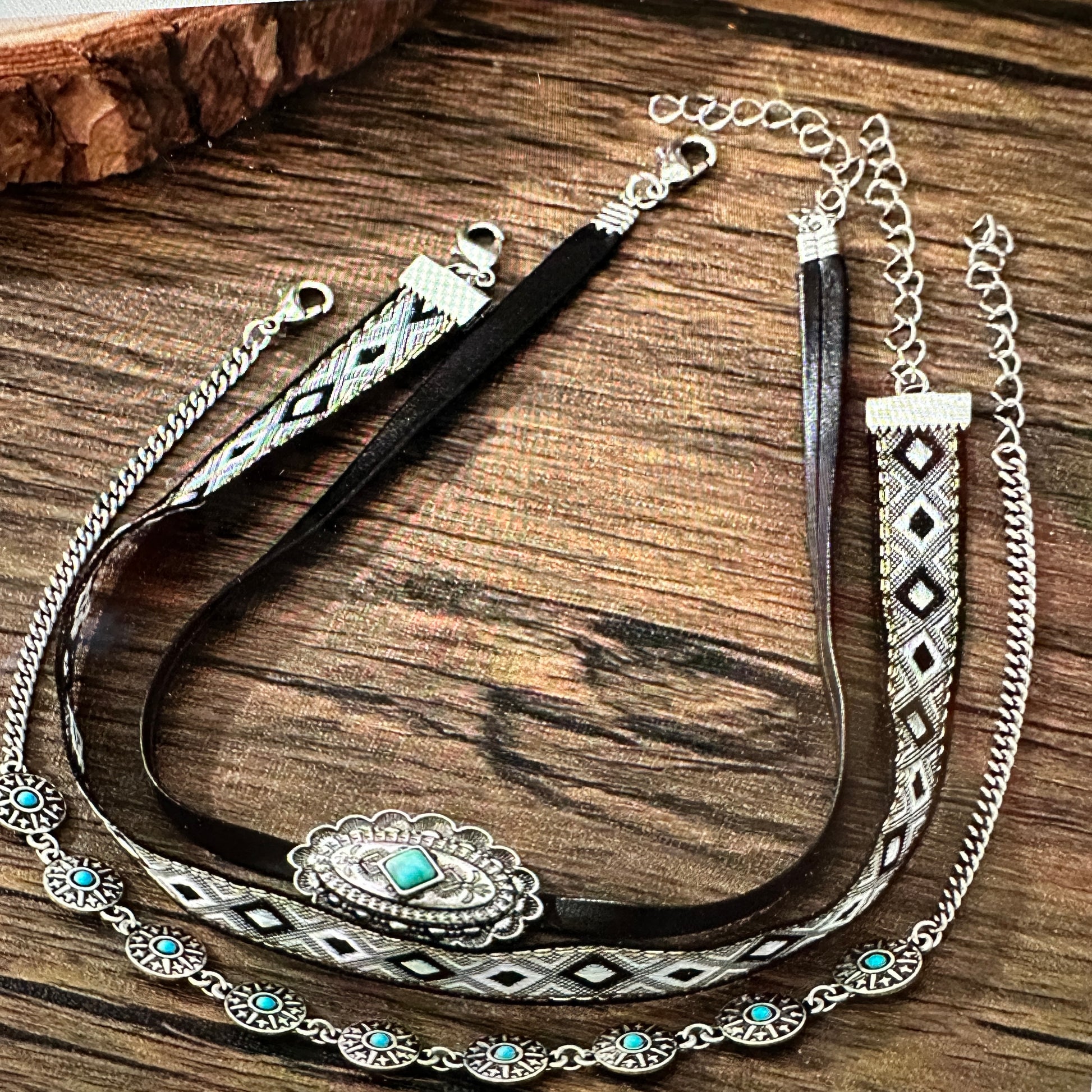 Turquoise Concho Fabric Choker Necklace in Boho Western Style - Gift-Ready Set - Silver Elegant