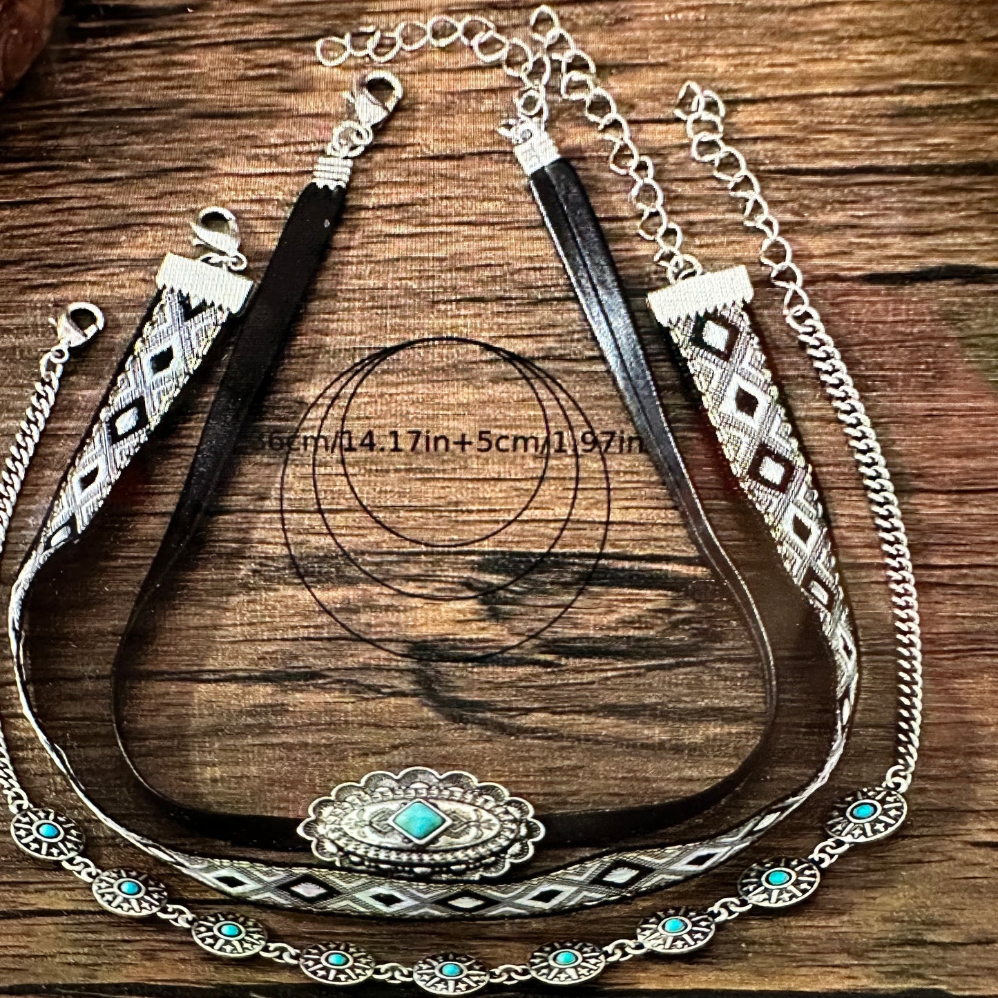 Turquoise Concho Fabric Choker Necklace in Boho Western Style - Gift-Ready Set - Silver Elegant