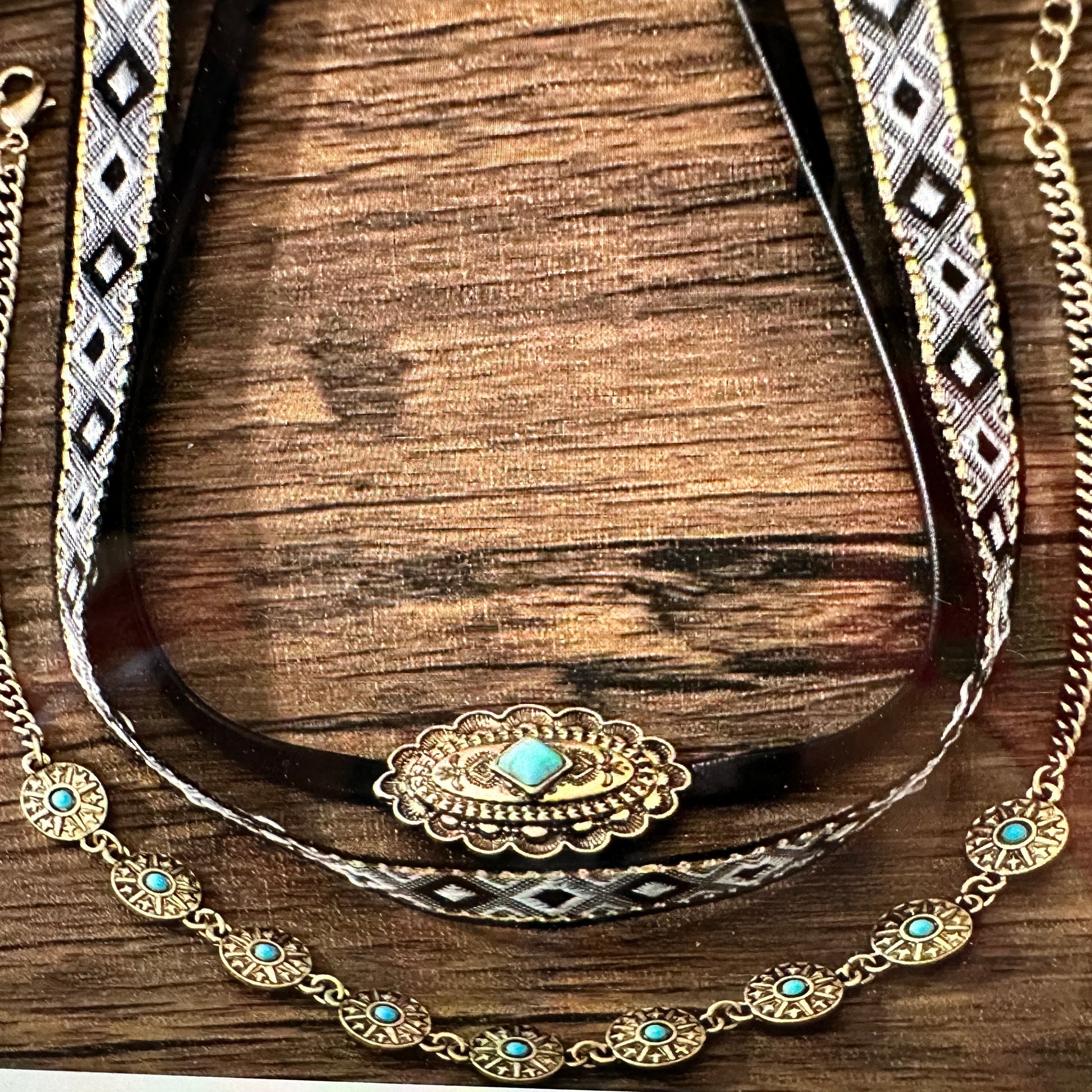 Turquoise Concho Fabric Choker Necklace in Boho Western Style - Gift-Ready Set - Silver Elegant