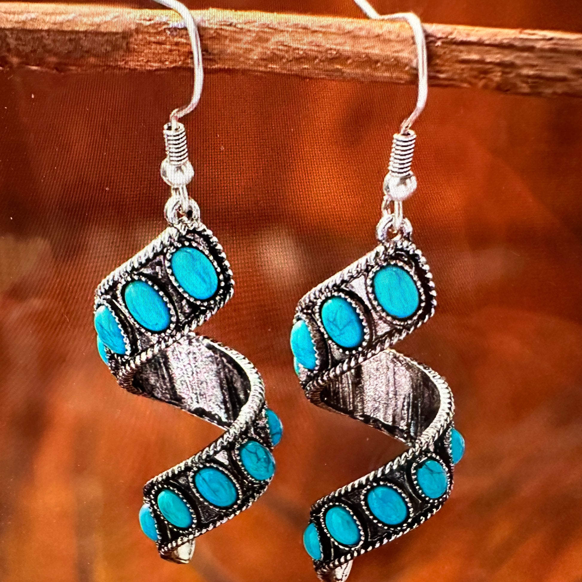 Boho Hippie Cowgirl Twirl Wire Drop Earrings, Turquoise Stone, Fast Shipping, Gift Box - Silver Elegant