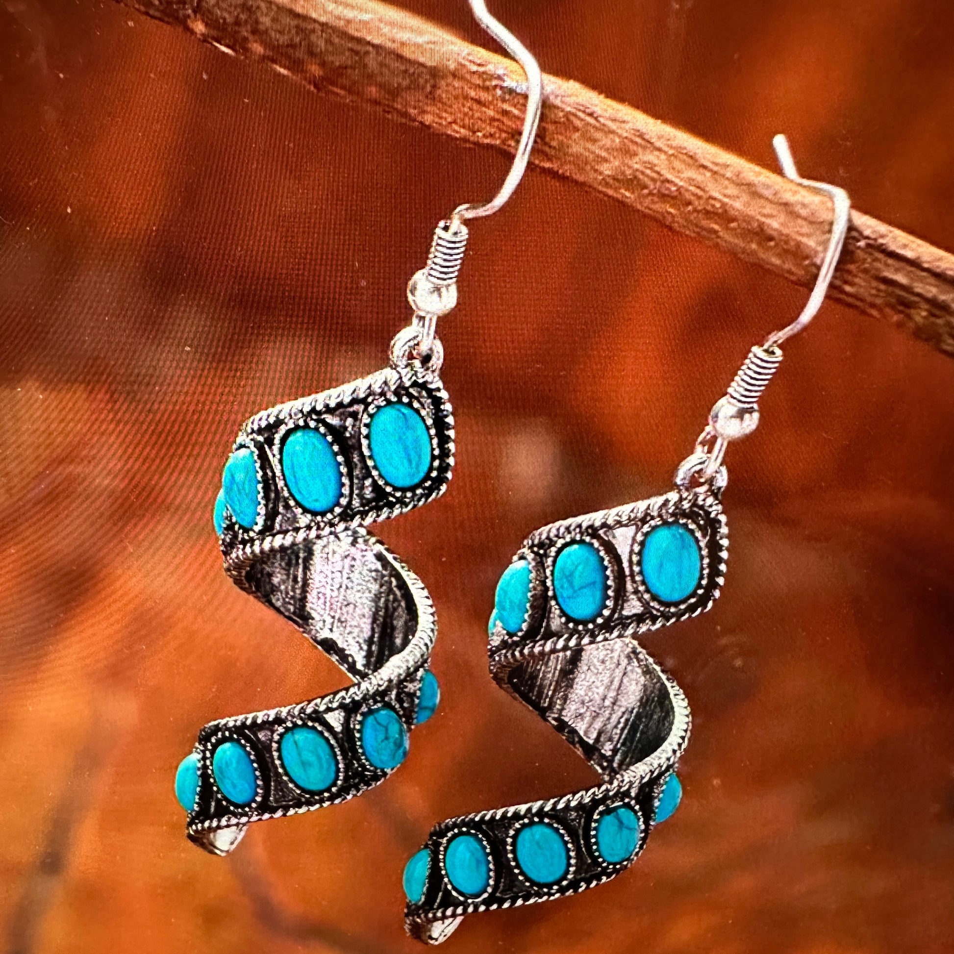 Boho Hippie Cowgirl Twirl Wire Drop Earrings, Turquoise Stone, Fast Shipping, Gift Box - Silver Elegant