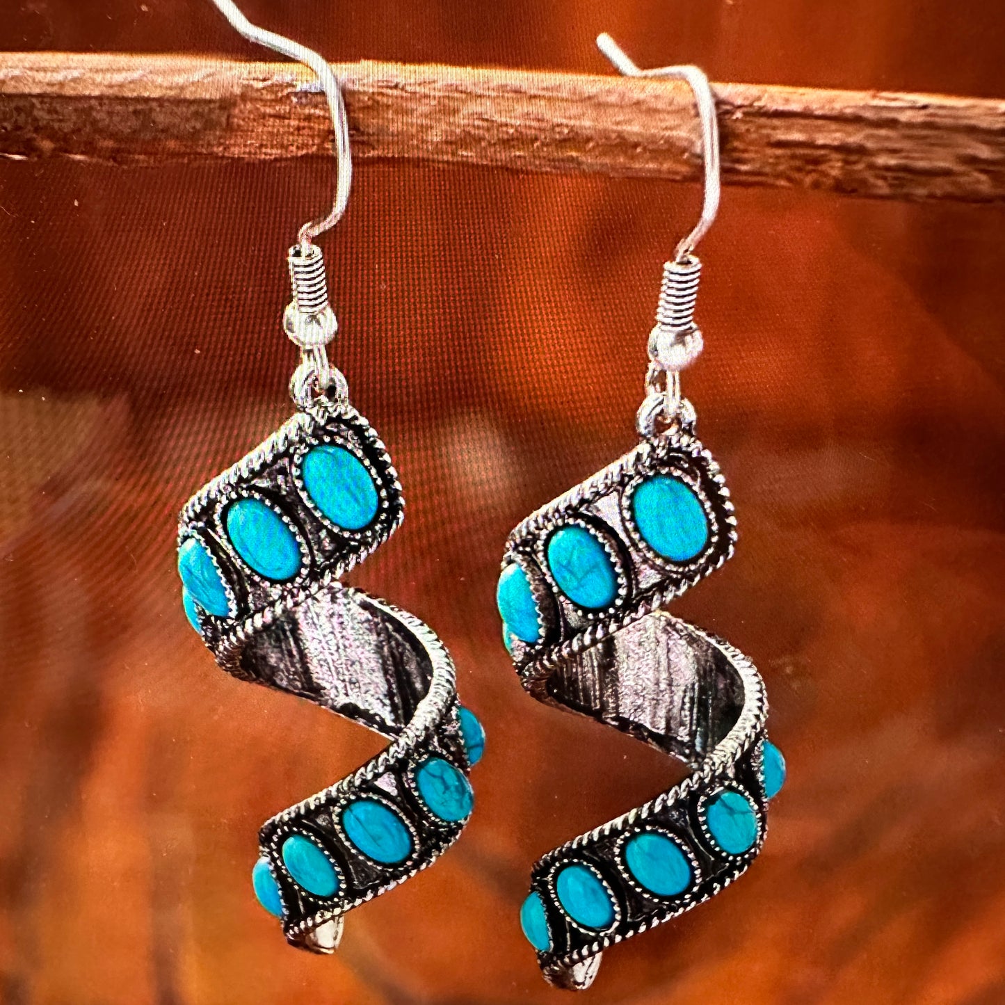 Boho Hippie Cowgirl Twirl Wire Drop Earrings, Turquoise Stone, Fast Shipping, Gift Box - Silver Elegant