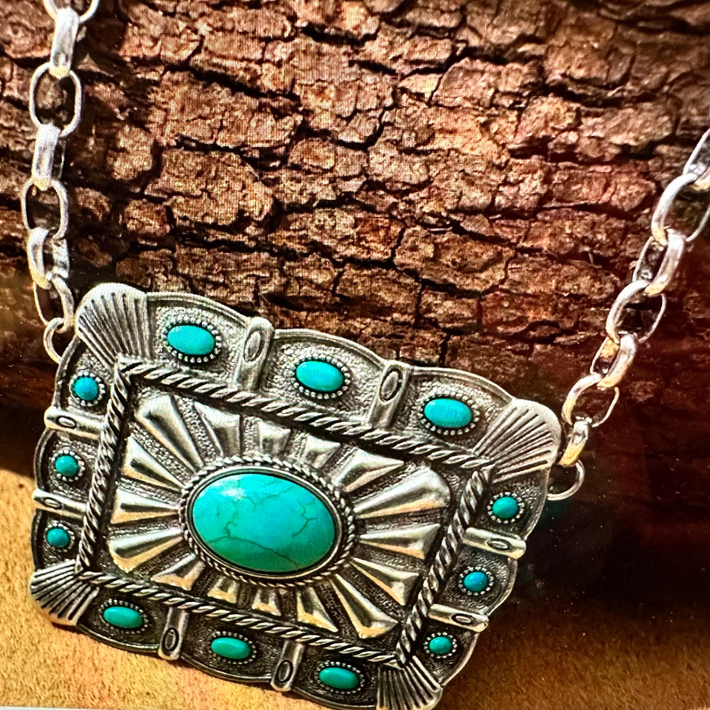 Turquoise Concho Necklace with Bohemian Southwestern Flair, Fast Shipping, Gift Box Included - Silver Elegant