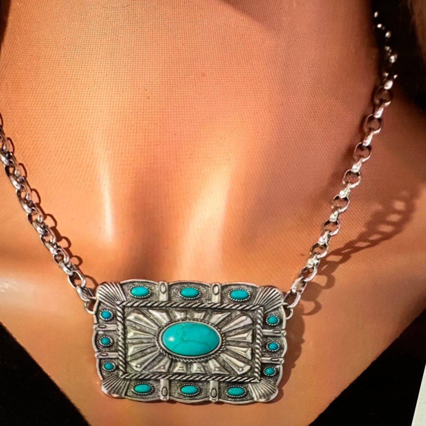 Turquoise Concho Necklace with Bohemian Southwestern Flair, Fast Shipping, Gift Box Included - Silver Elegant