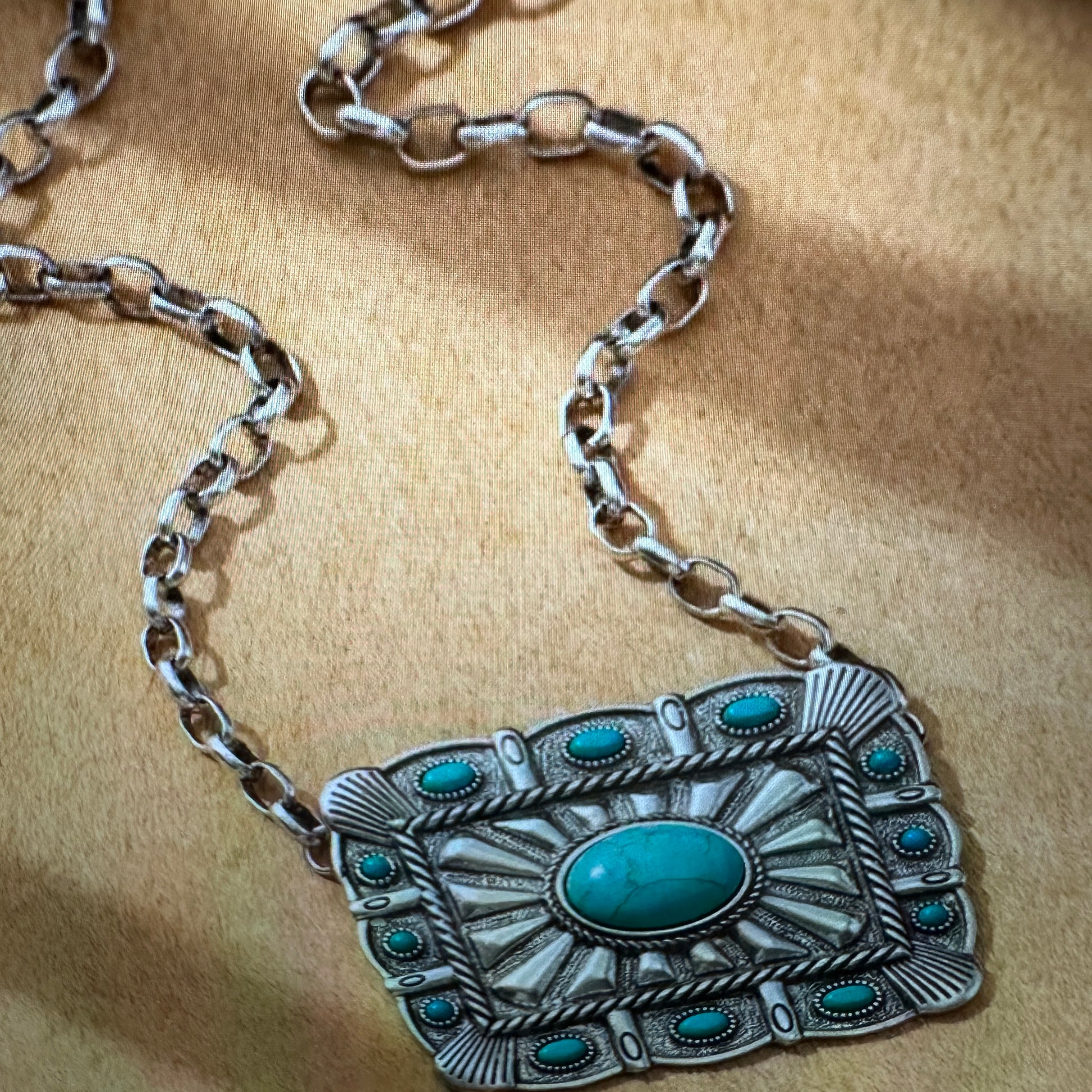 Turquoise Concho Necklace with Bohemian Southwestern Flair, Fast Shipping, Gift Box Included - Silver Elegant