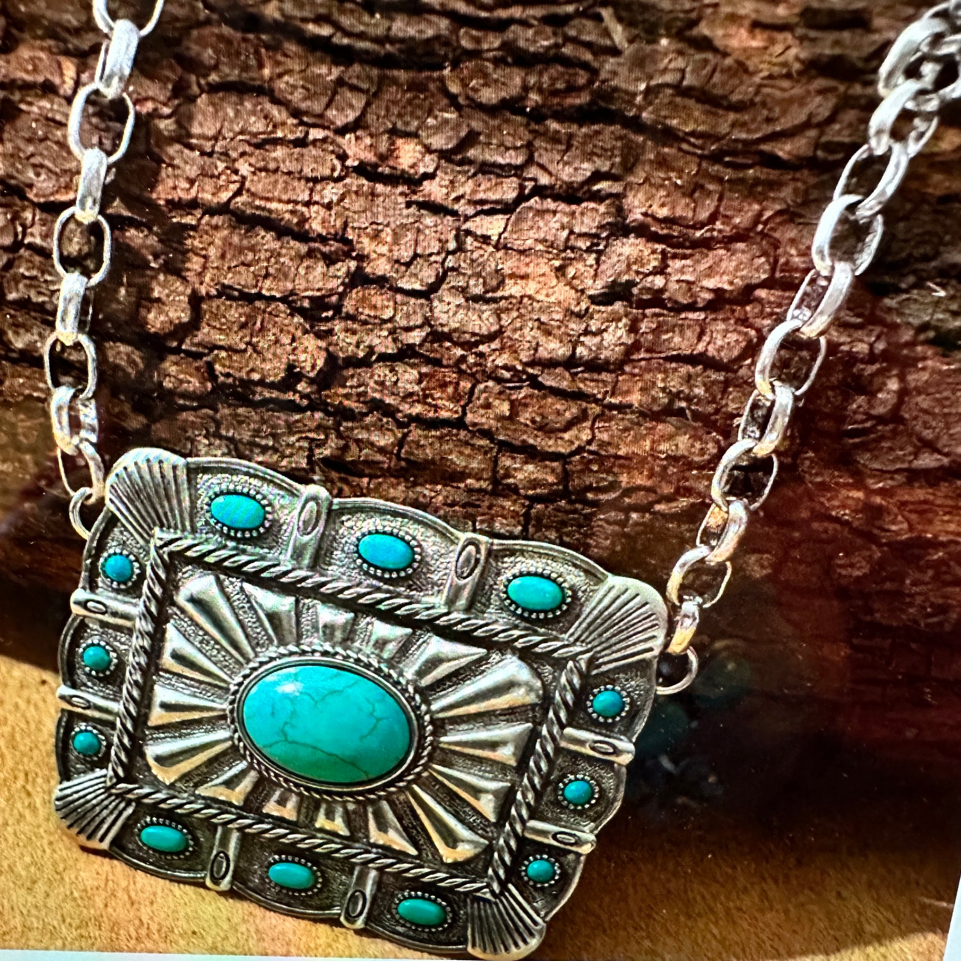 Turquoise Concho Necklace with Bohemian Southwestern Flair, Fast Shipping, Gift Box Included - Silver Elegant