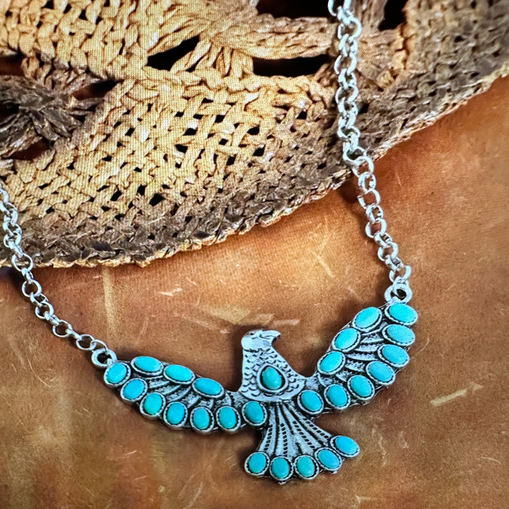 Turquoise Eagle Necklace with Silver Feathers - Bohemian Gift Boxed Elegance - Silver Elegant