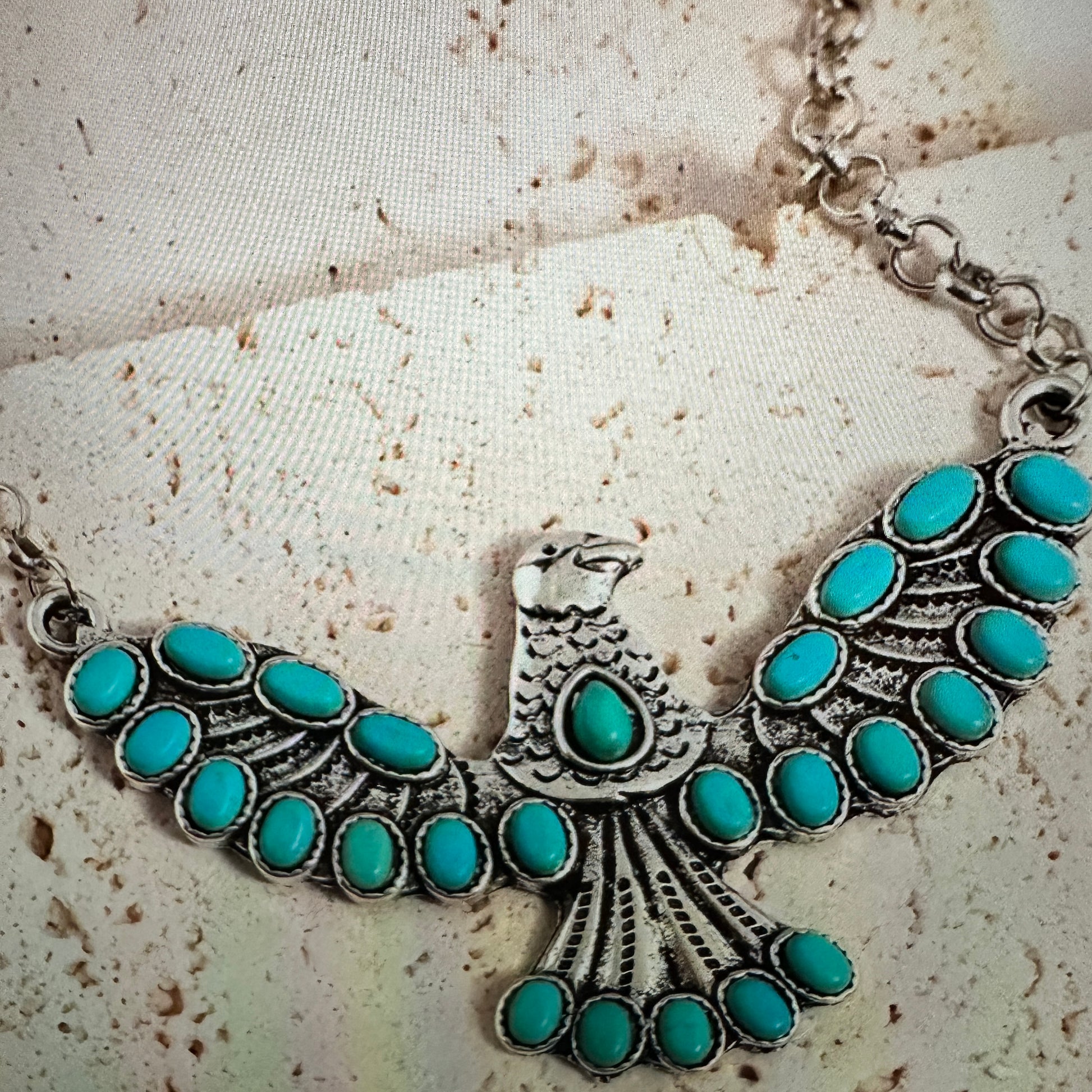 Turquoise Eagle Necklace with Silver Feathers - Bohemian Gift Boxed Elegance - Silver Elegant