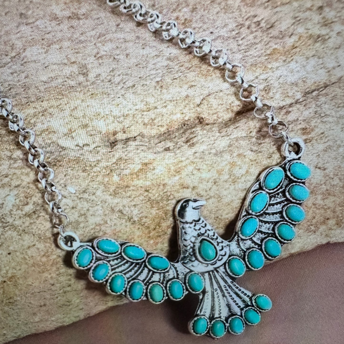 Turquoise Eagle Necklace with Silver Feathers - Bohemian Gift Boxed Elegance - Silver Elegant