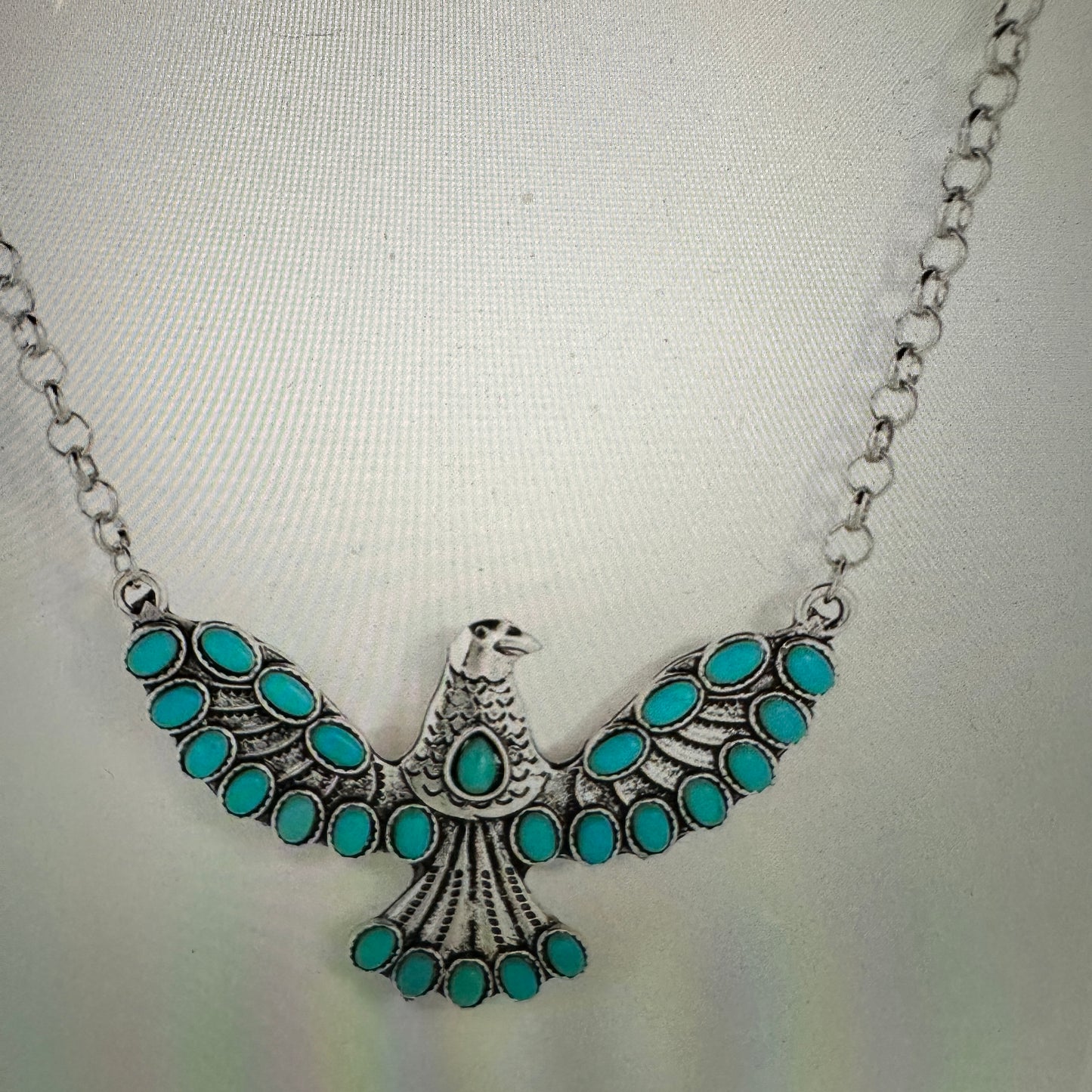 Turquoise Eagle Necklace with Silver Feathers - Bohemian Gift Boxed Elegance - Silver Elegant