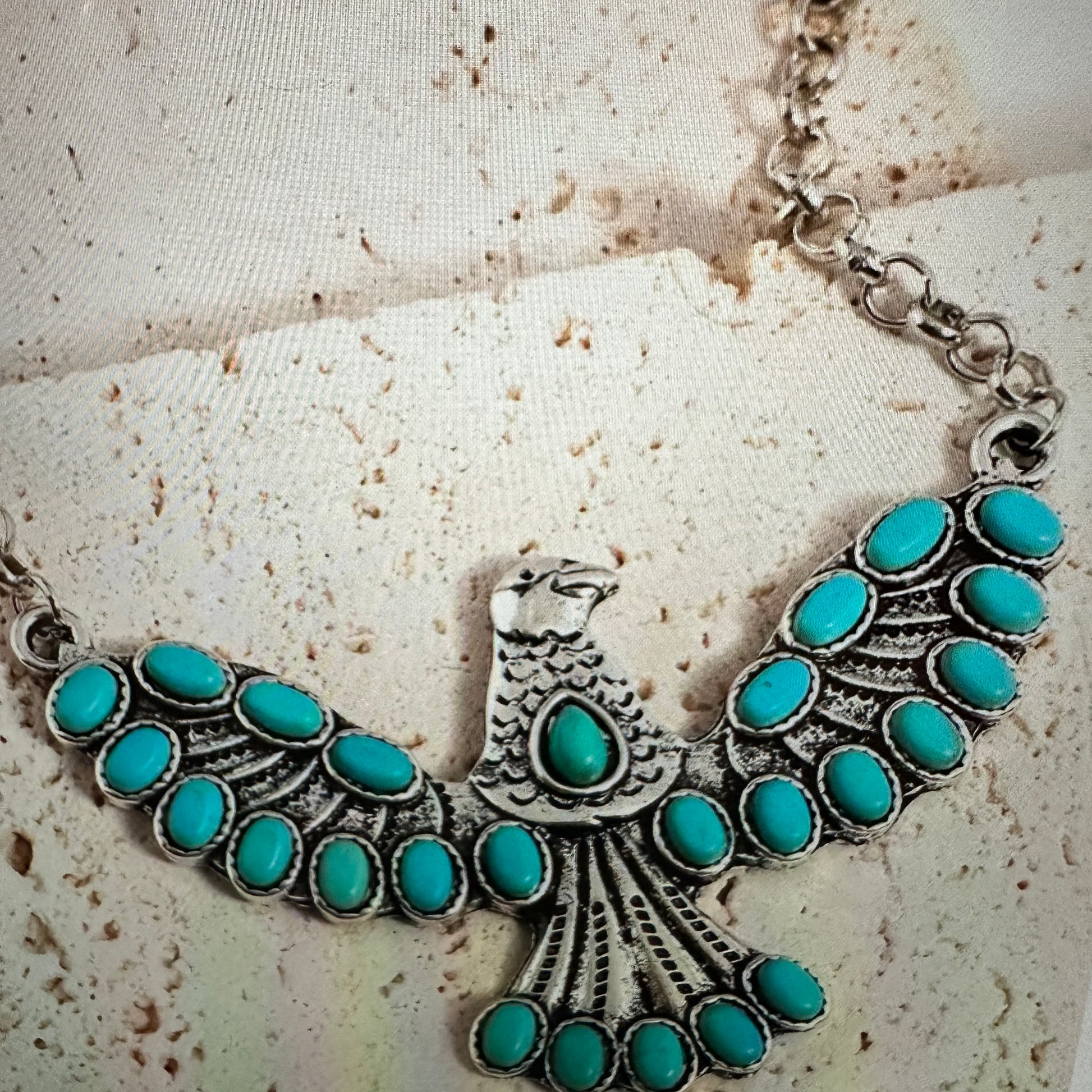 Turquoise Eagle Necklace with Silver Feathers - Bohemian Gift Boxed Elegance - Silver Elegant