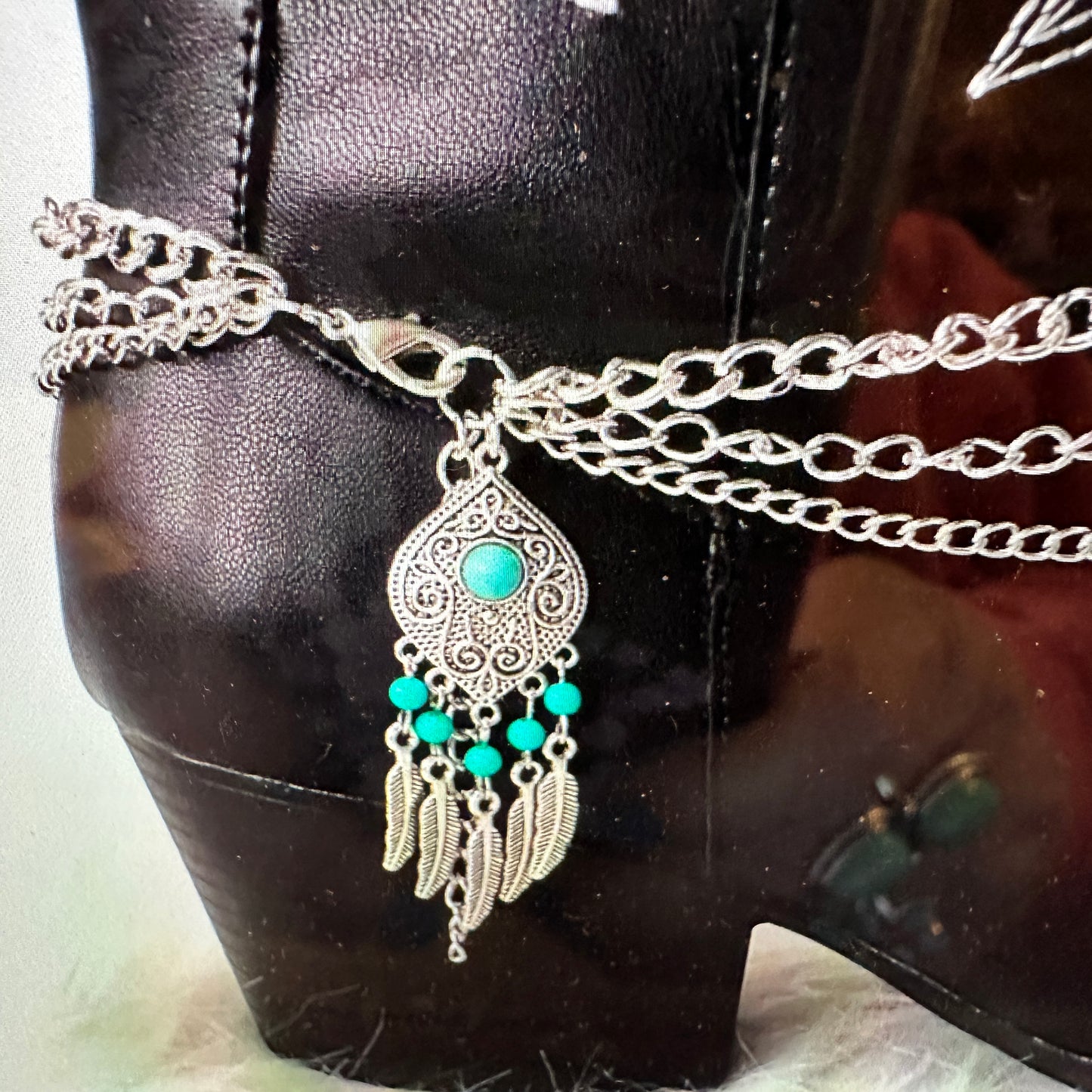 Boho Chic Turquoise Feather Boot Chain with Gift Box and Quick Shipping - Silver Elegant