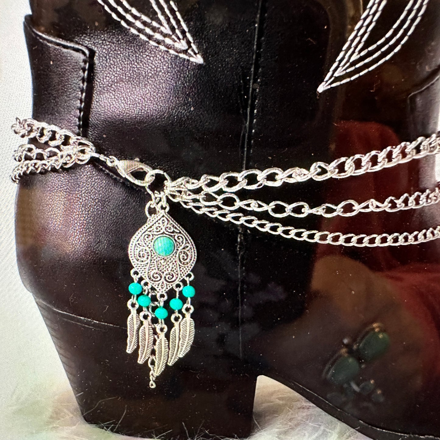 Boho Chic Turquoise Feather Boot Chain with Gift Box and Quick Shipping - Silver Elegant