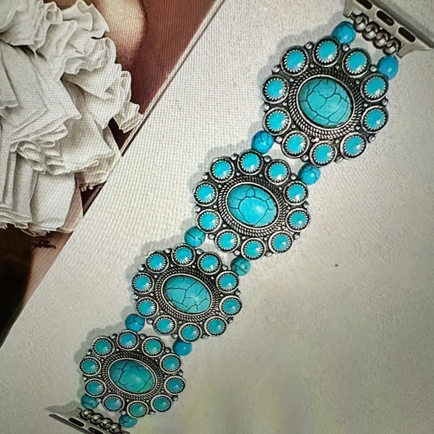 Bohemian Southwestern Turquoise Bead Apple Watch Band - Elastic, Fast Shipping, Gift-Ready - Silver Elegant