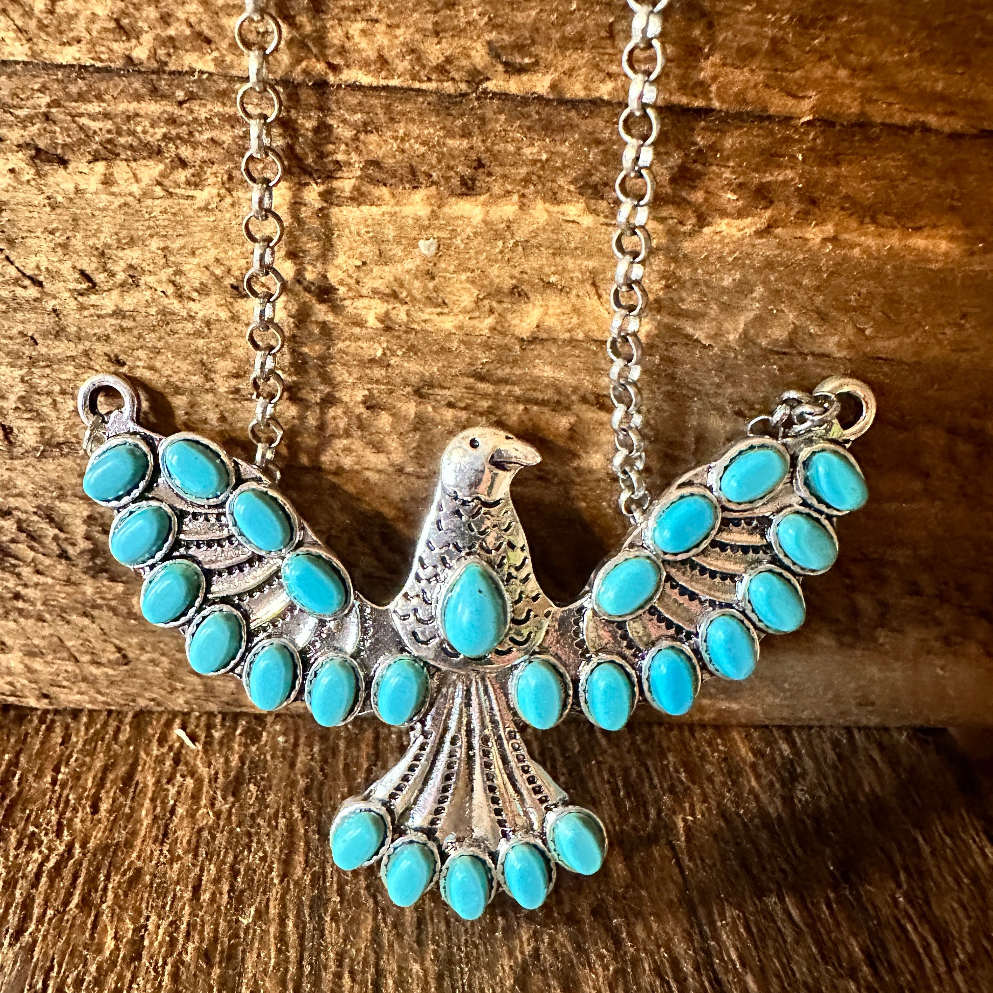 Turquoise Eagle Necklace with Silver Feathers - Bohemian Gift Boxed Elegance - Silver Elegant