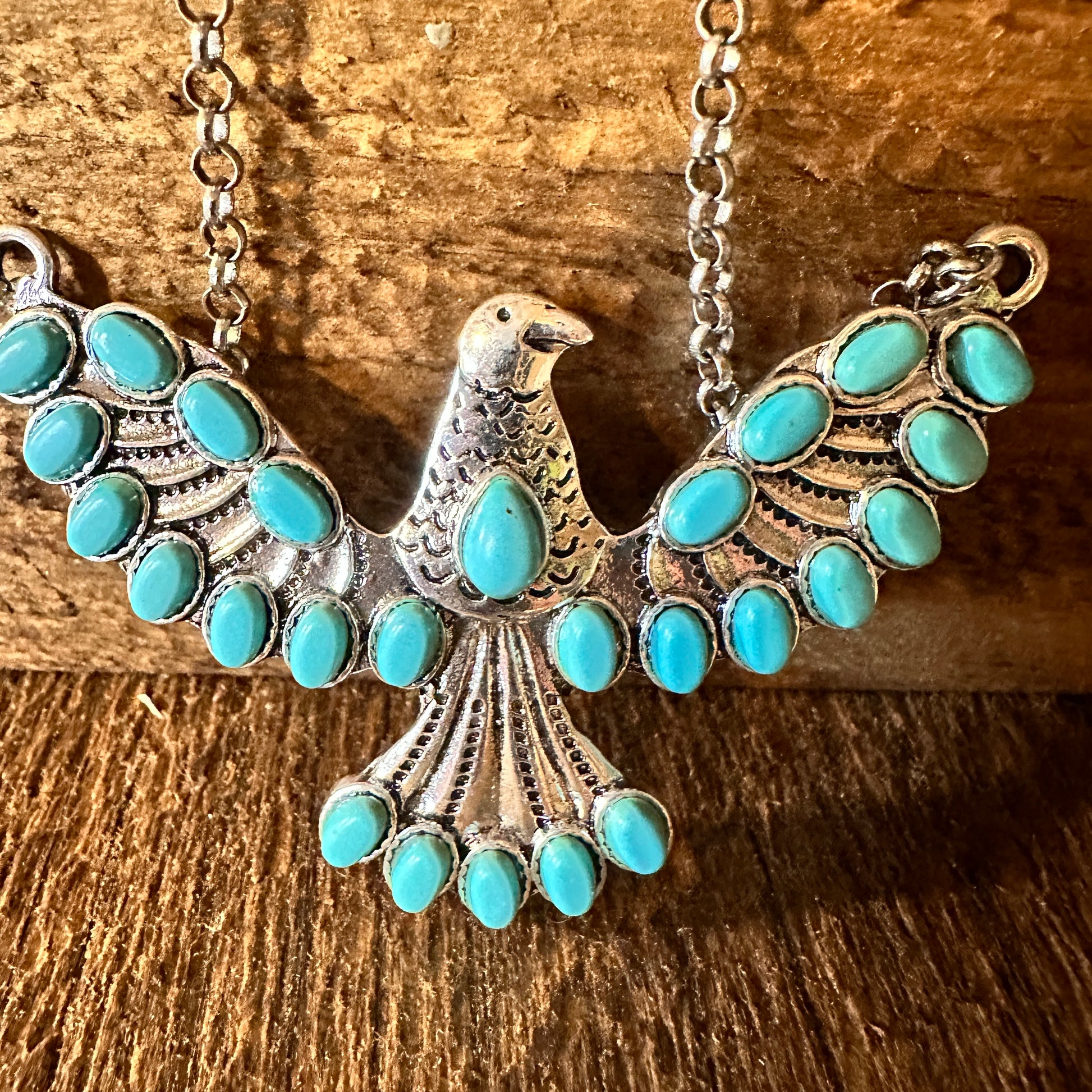 Turquoise Eagle Necklace with Silver Feathers - Bohemian Gift Boxed Elegance - Silver Elegant