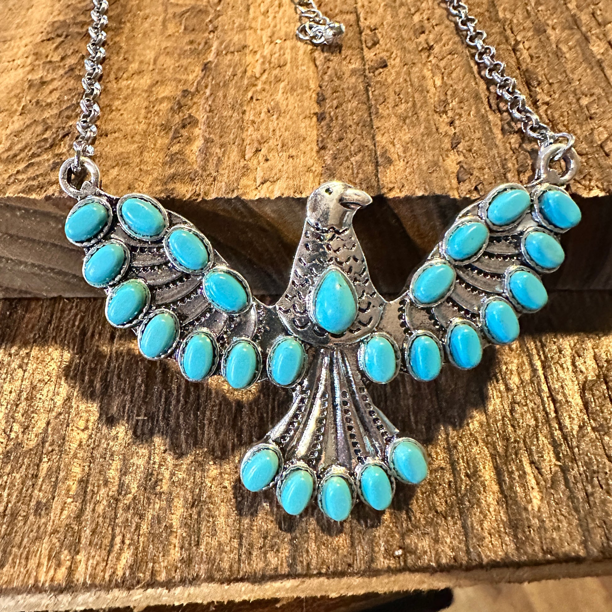 Turquoise Eagle Necklace with Silver Feathers - Bohemian Gift Boxed Elegance - Silver Elegant