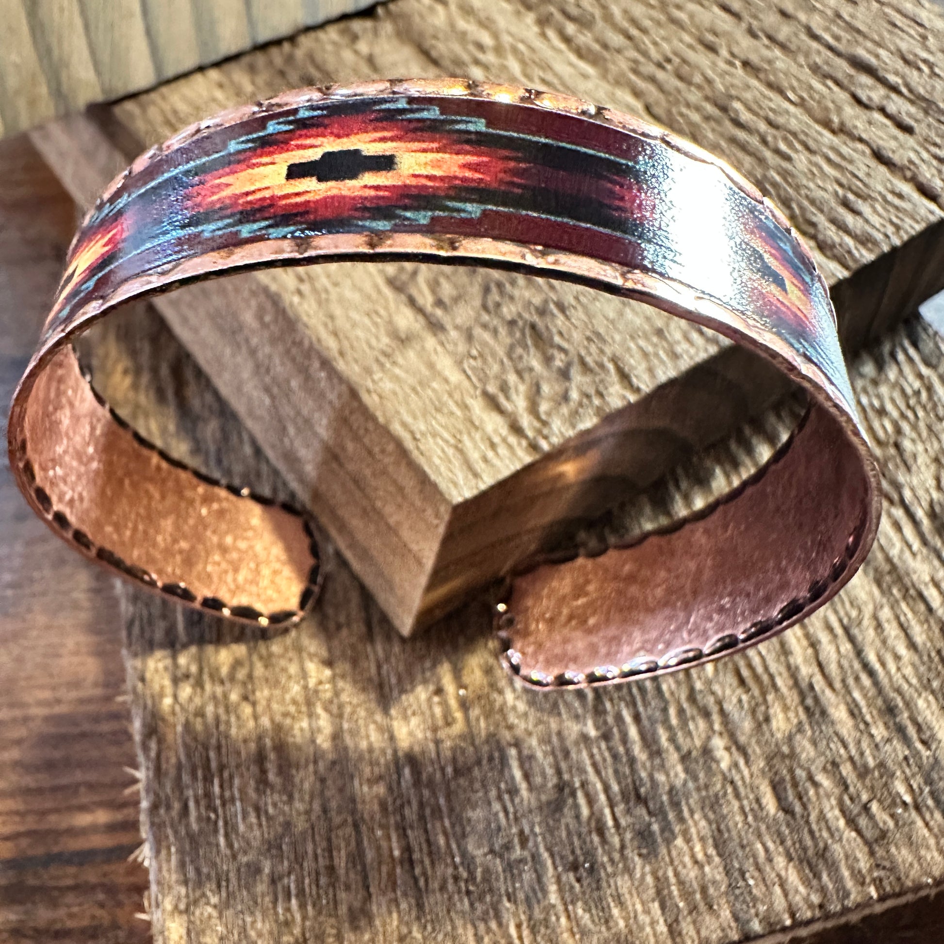 Handmade Boho Native American Aztek Copper Narrow Cuff Bracelet,  Blue Red,  Gift Box - Silver Elegant