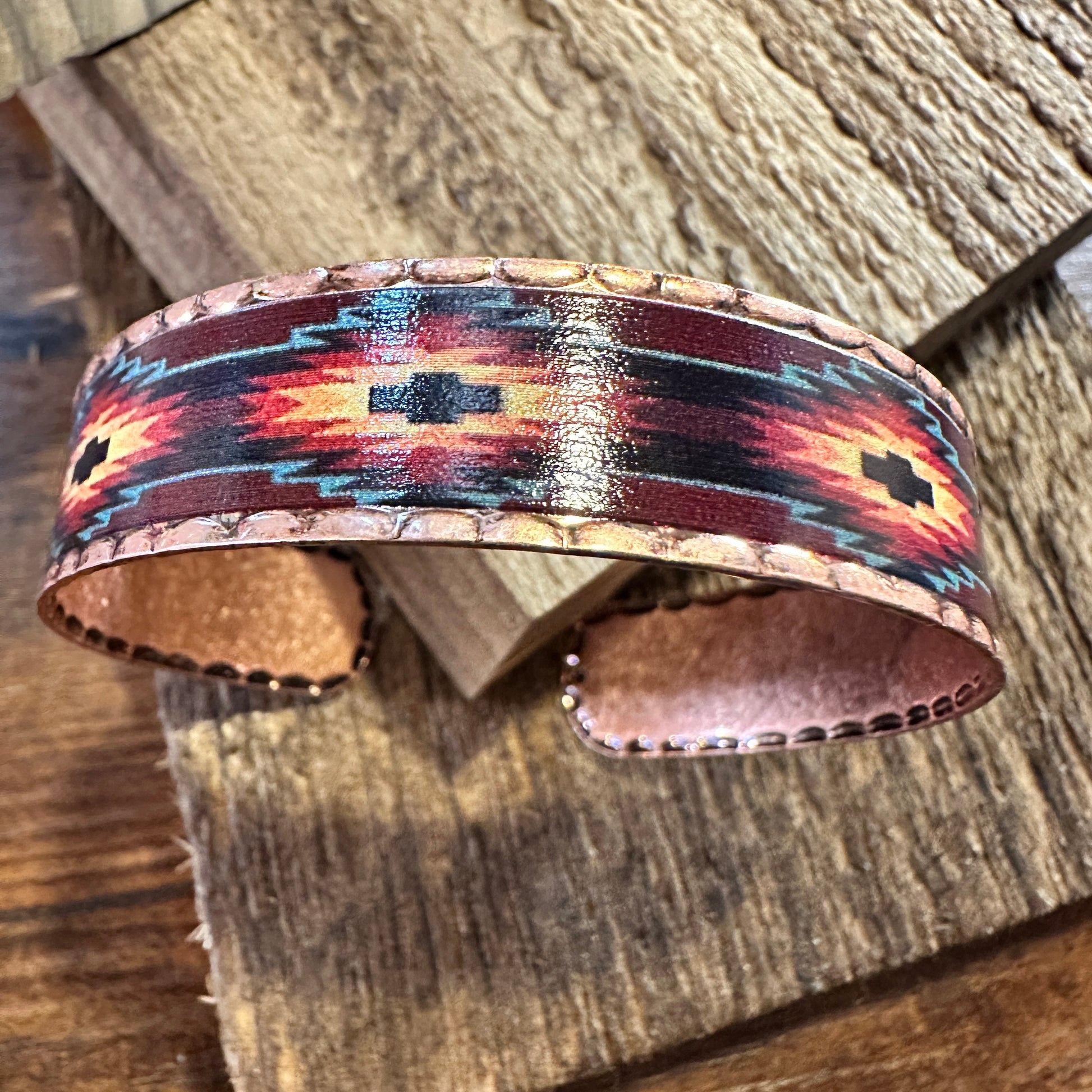 Handmade Boho Native American Aztek Copper Narrow Cuff Bracelet,  Blue Red,  Gift Box - Silver Elegant