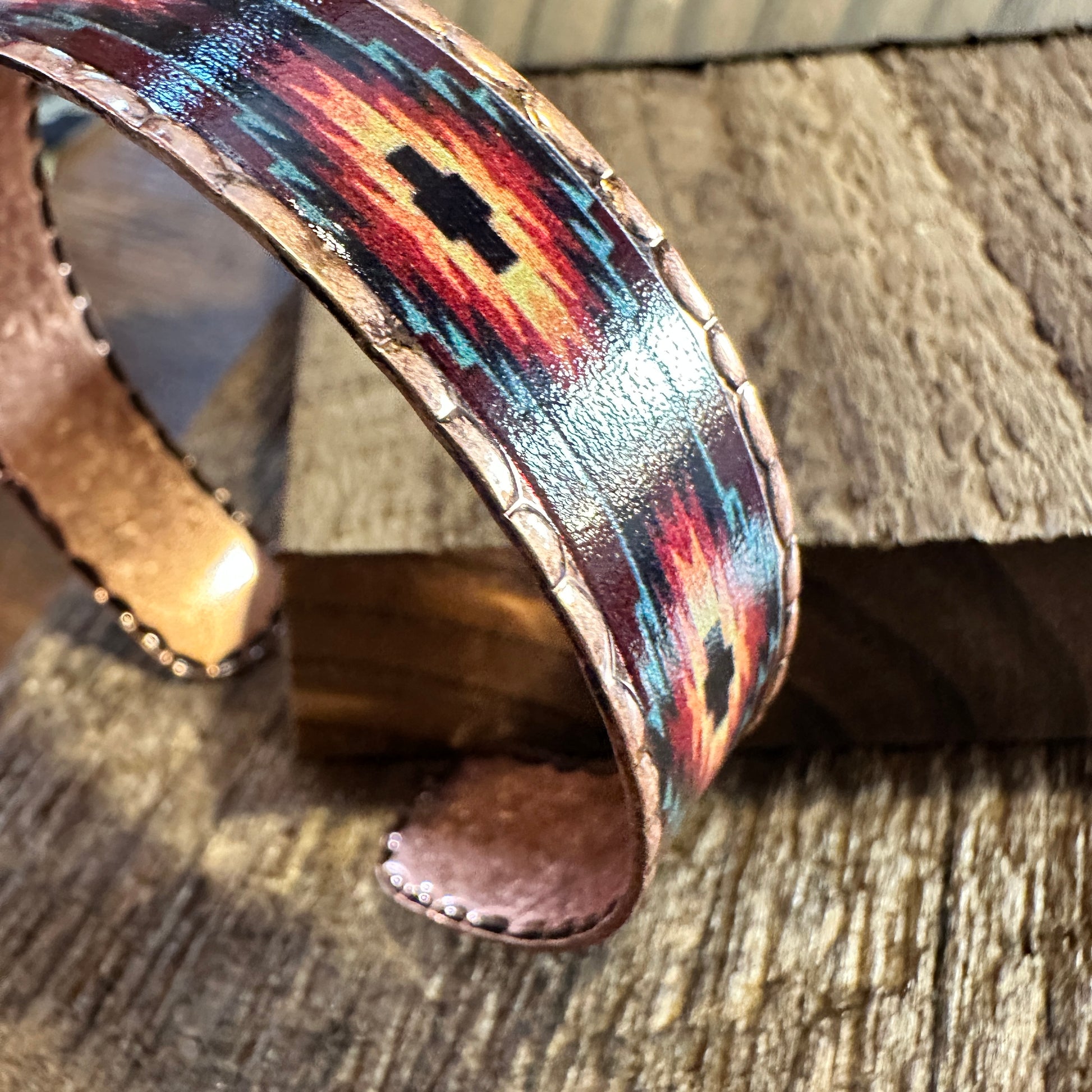 Handmade Boho Native American Aztek Copper Narrow Cuff Bracelet,  Blue Red,  Gift Box - Silver Elegant