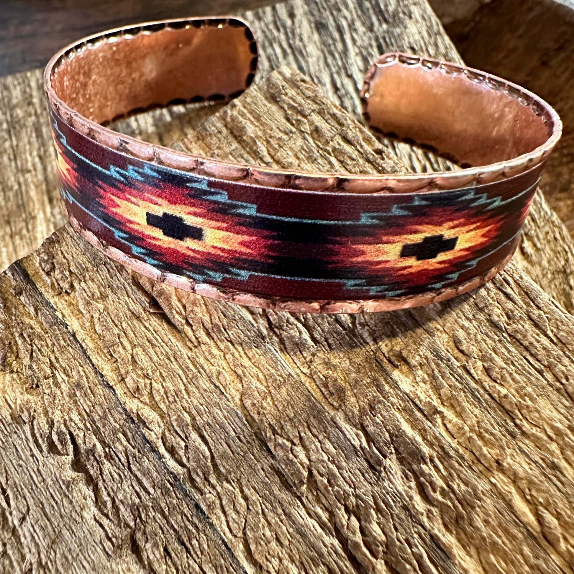 Handmade Boho Native American Aztek Copper Narrow Cuff Bracelet,  Blue Red,  Gift Box - Silver Elegant