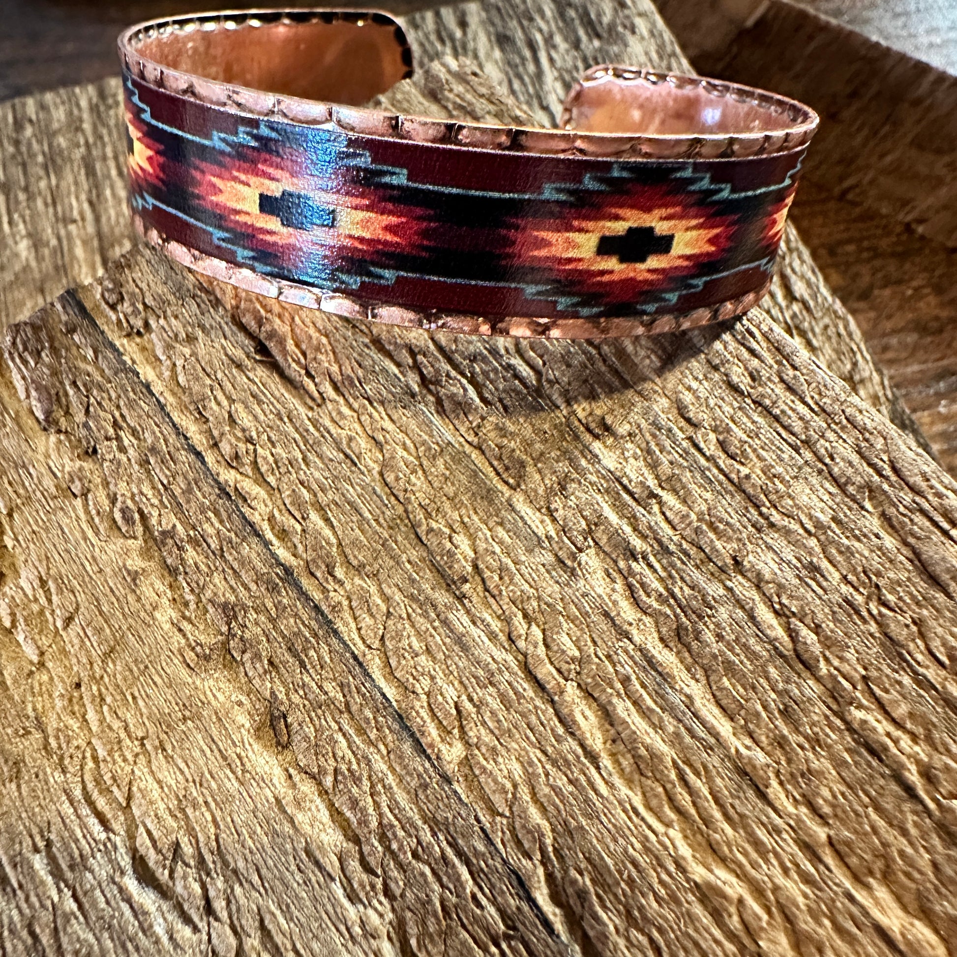 Handmade Boho Native American Aztek Copper Narrow Cuff Bracelet,  Blue Red,  Gift Box - Silver Elegant