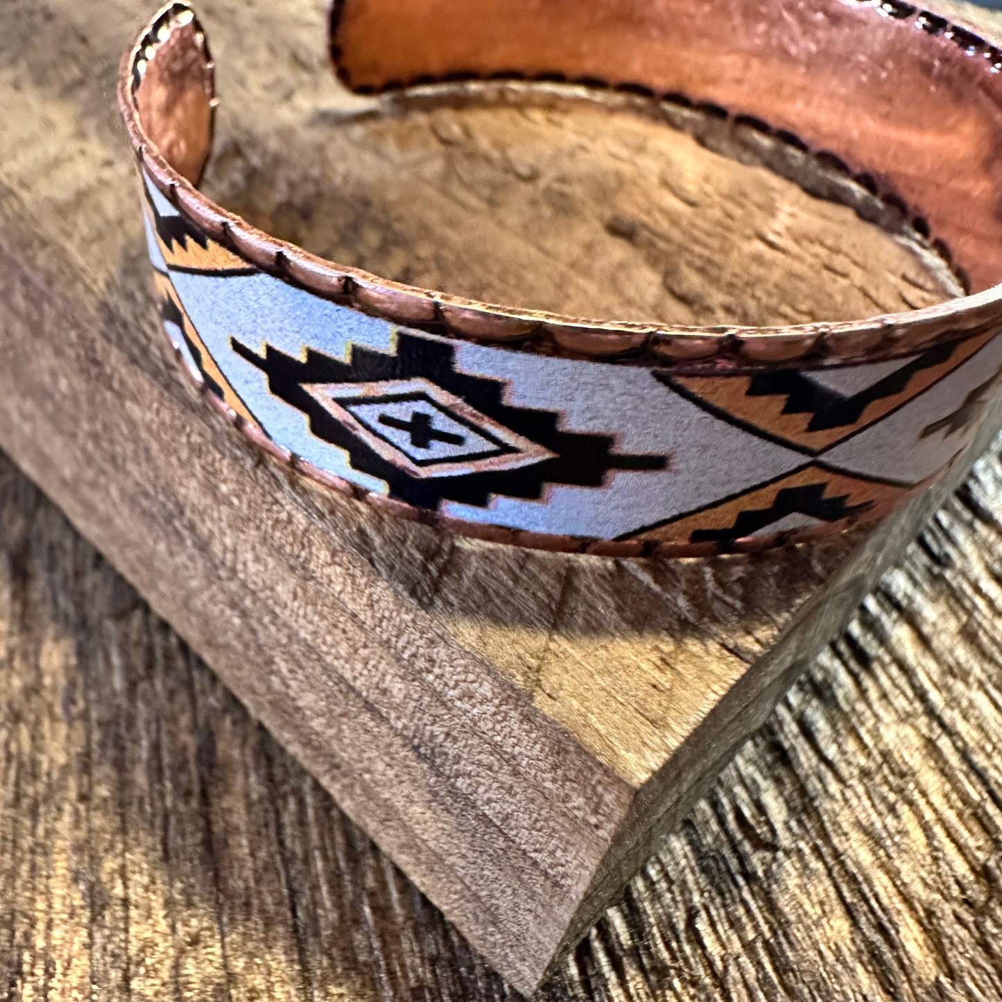 Handmade Boho Native American Navajo Copper Narrow Cuff Bracelet, Navy Gold, Gift Box - Silver Elegant