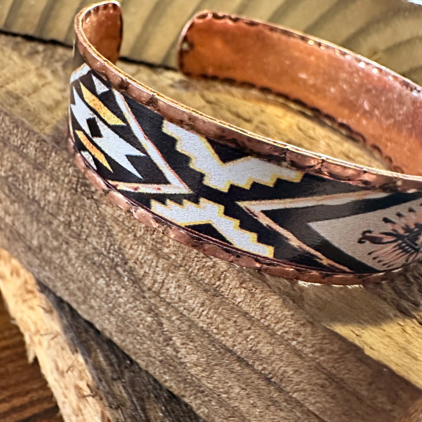 Handmade Boho Native American Navajo Copper Narrow Cuff Bracelet, Navy Yellow, Gift Box - Silver Elegant