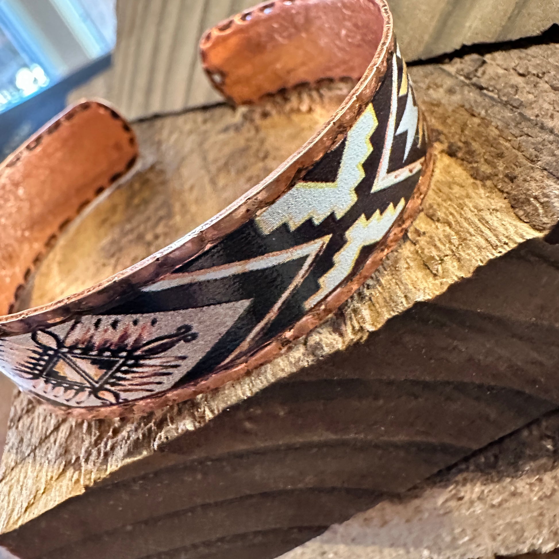 Handmade Boho Native American Navajo Copper Narrow Cuff Bracelet, Navy Yellow, Gift Box - Silver Elegant