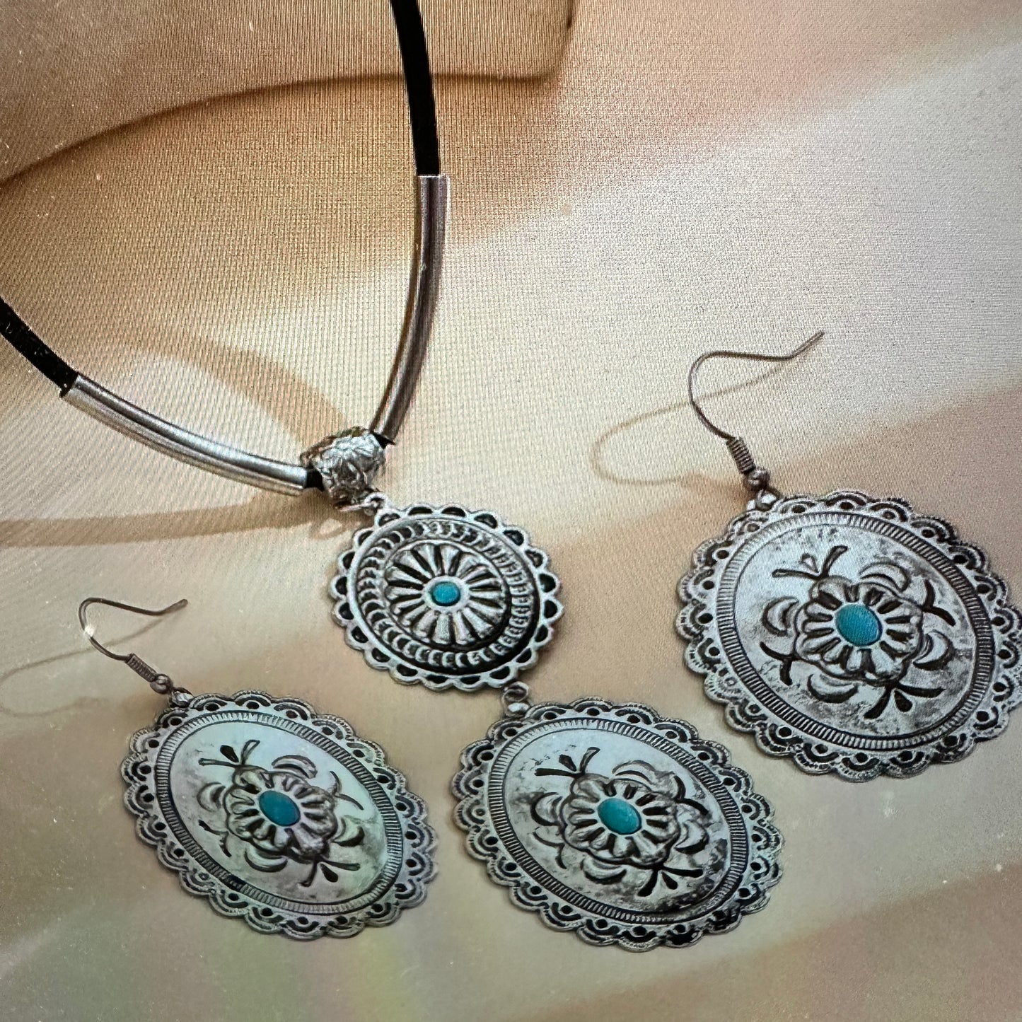 Turquoise Stone Bohemian Concho Jewelry Set with Fast Shipping and Gift Box - Silver Elegant