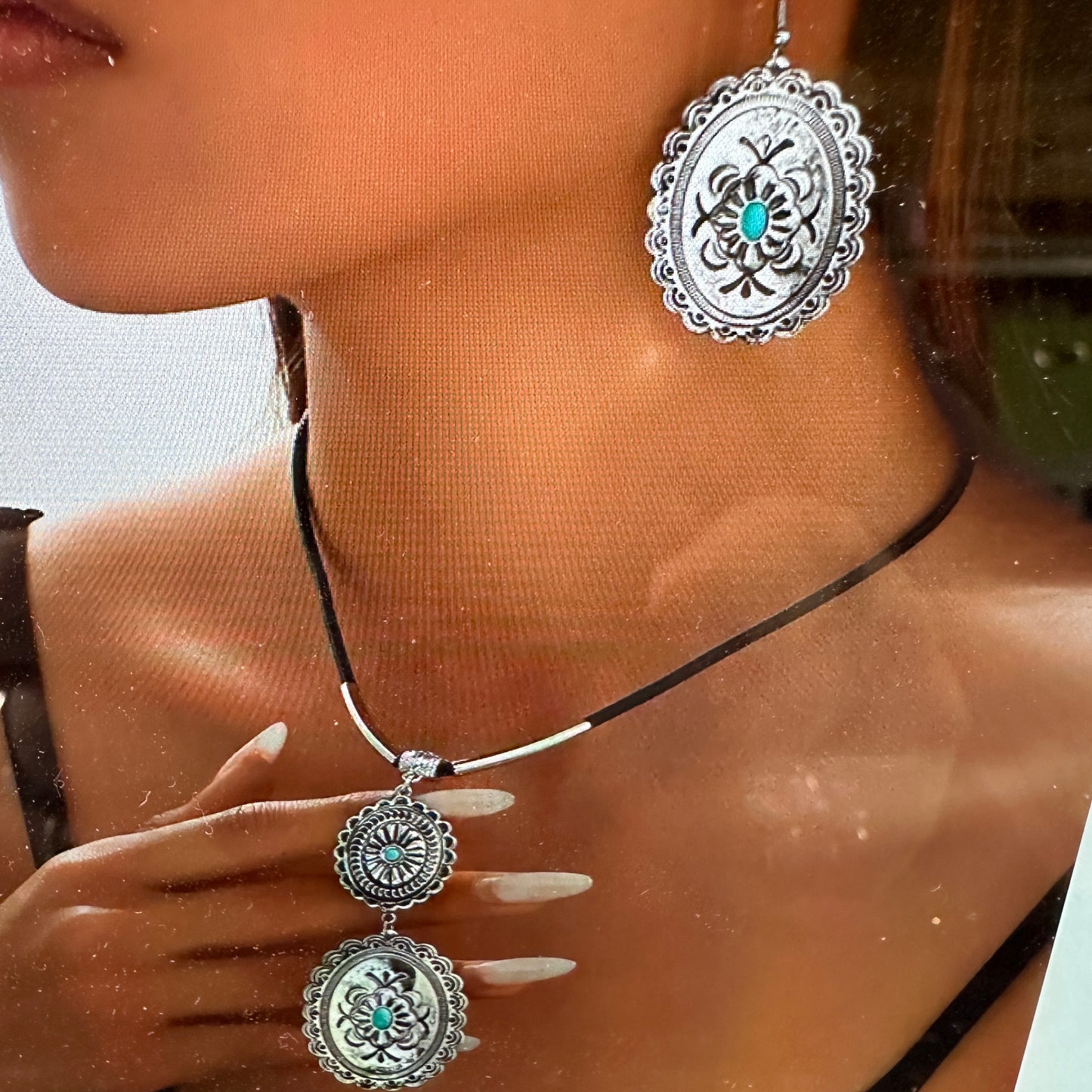 Turquoise Stone Bohemian Concho Jewelry Set with Fast Shipping and Gift Box - Silver Elegant