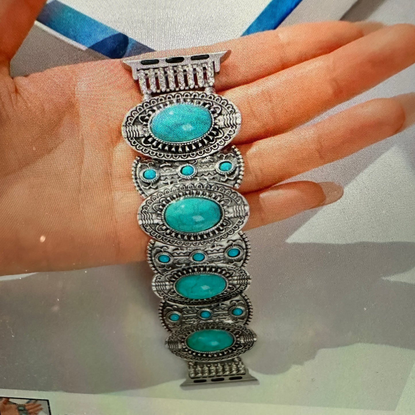 Bohemian Southwestern Turquoise Beaded Apple Watch Band, Elastic Fit for 38-41mm, Quick Shipping & Gift Box Included - Silver Elegant