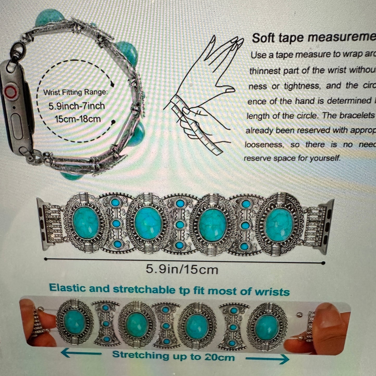 Bohemian Southwestern Turquoise Beaded Apple Watch Band, Elastic Fit for 38-41mm, Quick Shipping & Gift Box Included - Silver Elegant